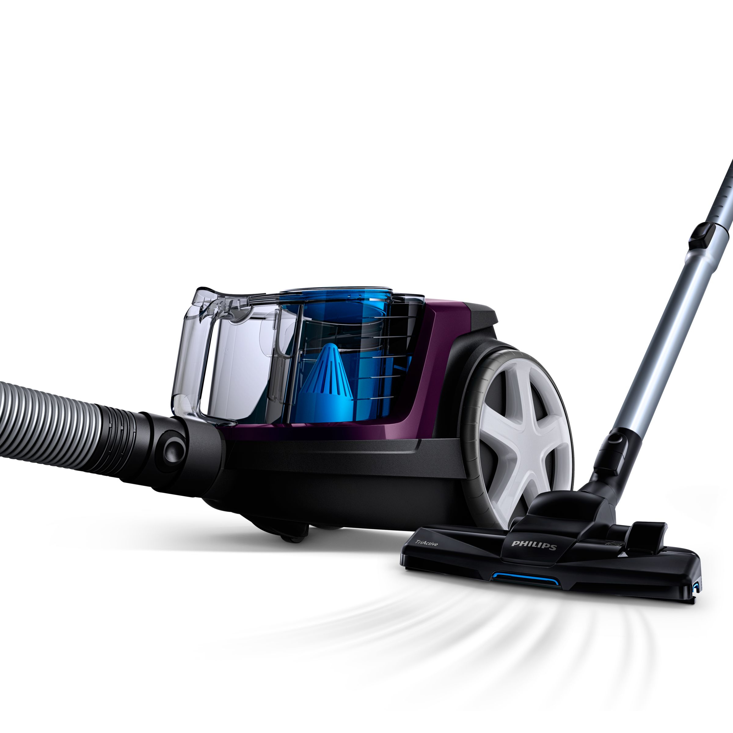 A black and purple vacuum cleaner on a white background, with a hose and head.