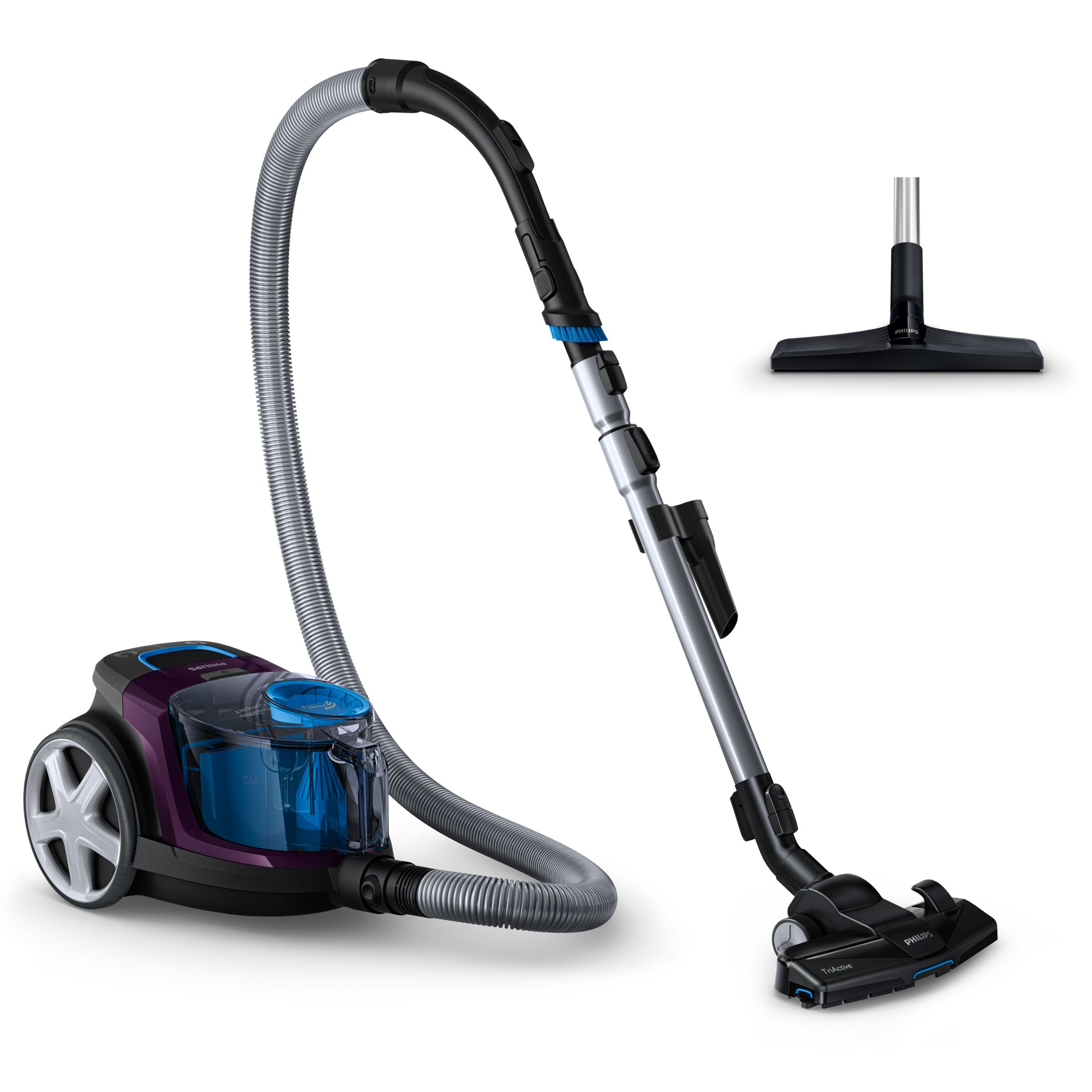 A purple and black vacuum cleaner with attachments.