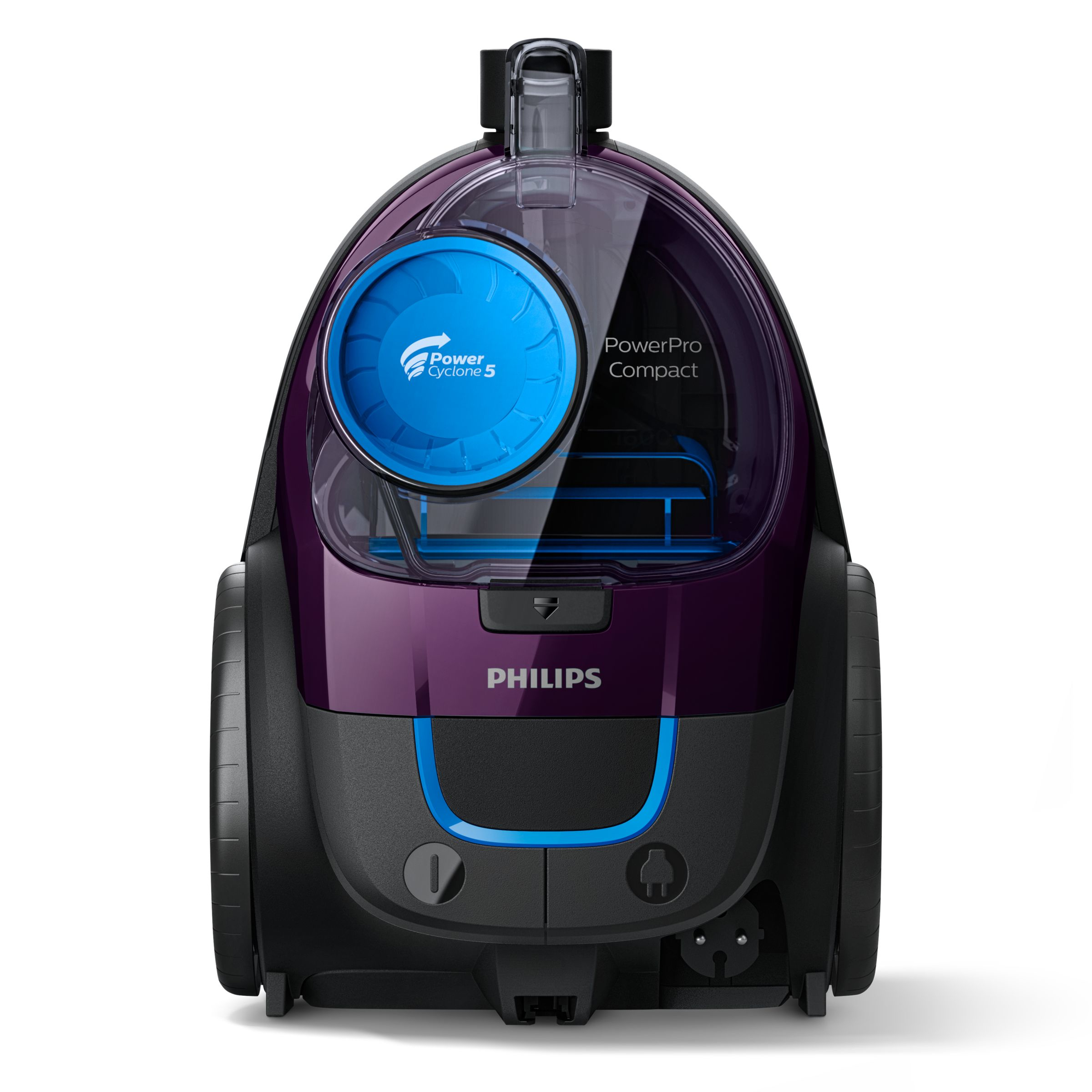 A purple and black Philips PowerPro Compact vacuum cleaner. The front shows the Philips logo and PowerCyclone 5.