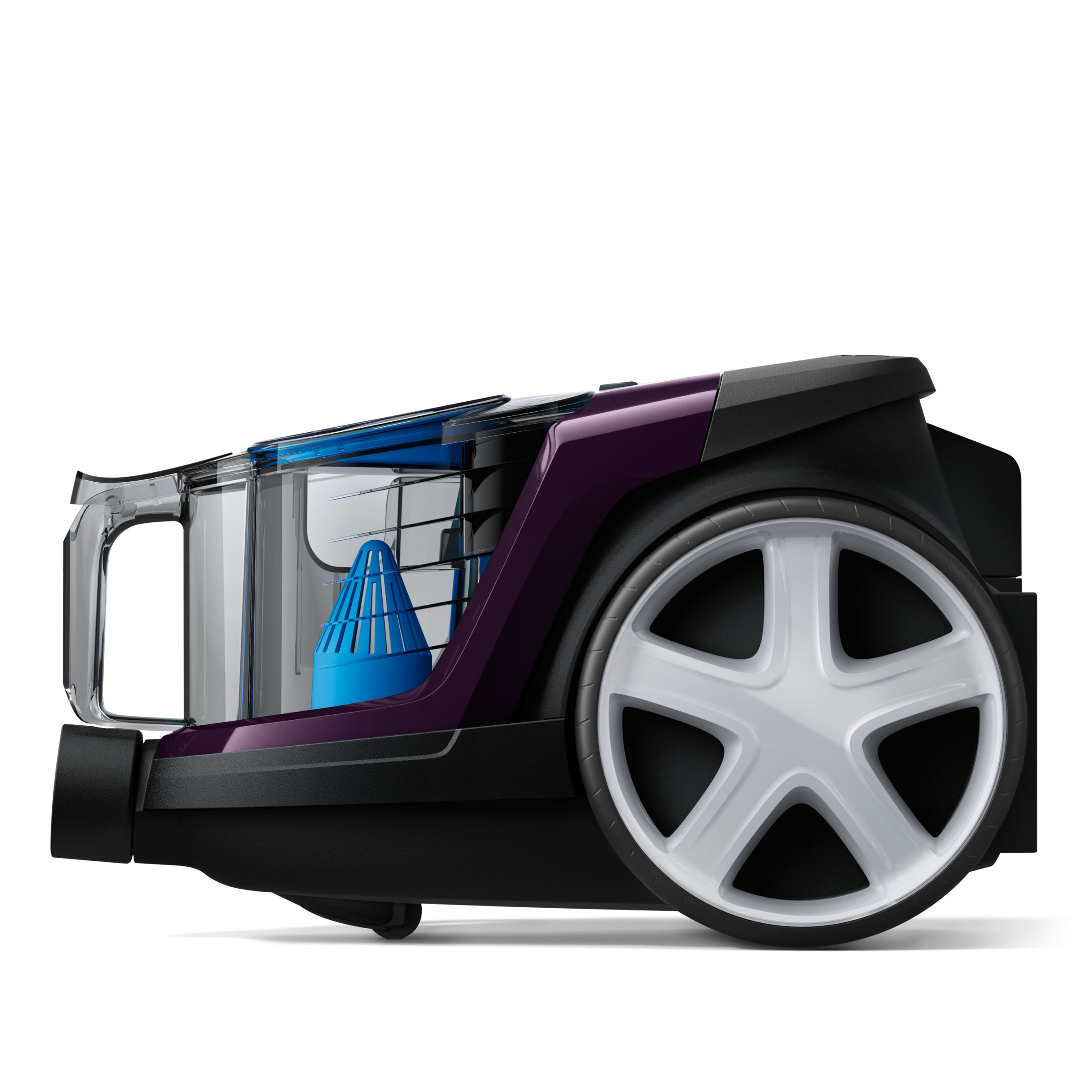 A purple and black vacuum cleaner. The side shows the internal components.
