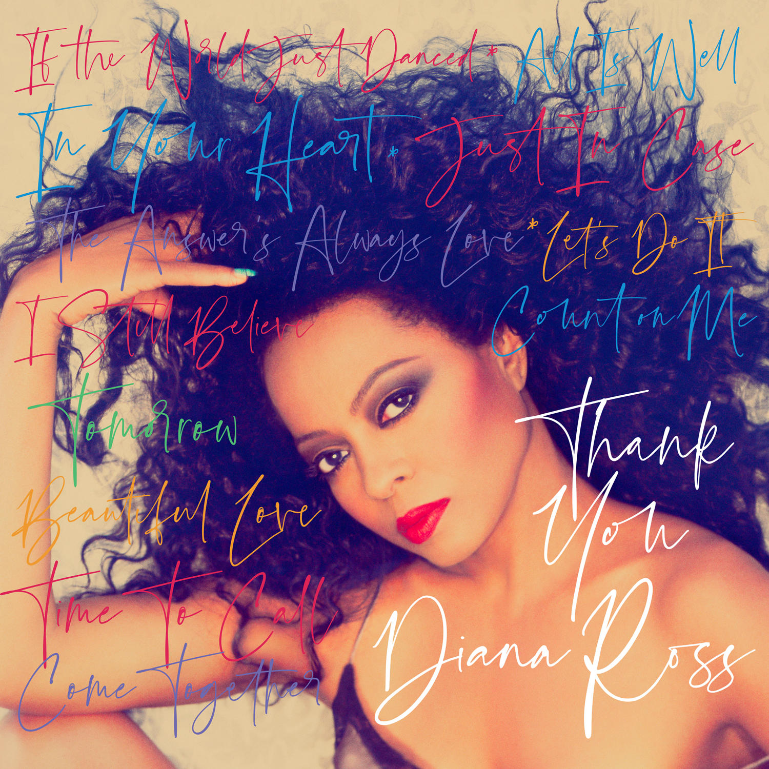 Diana Ross album borítója. Ő középen, több dalcím. Színes szöveg.