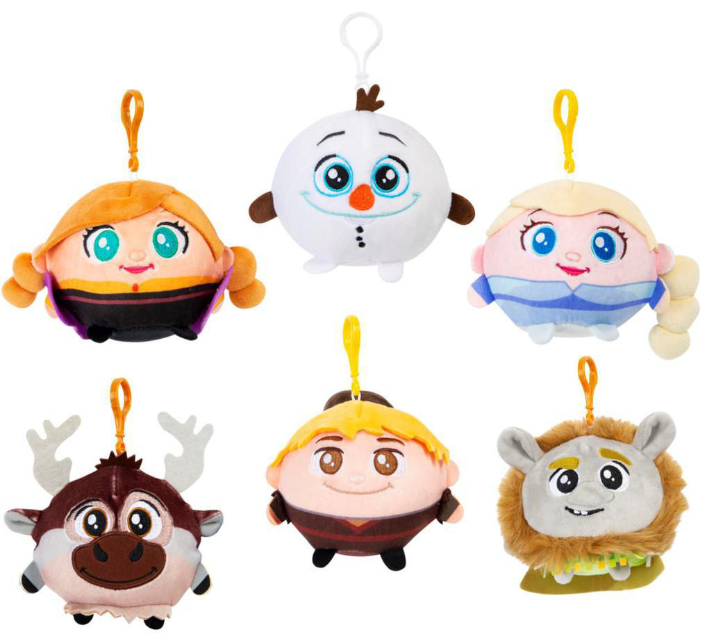 Sechs Schlüsselanhänger mit Frozen-Motiv. Charaktere sind Anna, Olaf, Elsa, Kristoff, Sven und ein kleiner Schneemann.