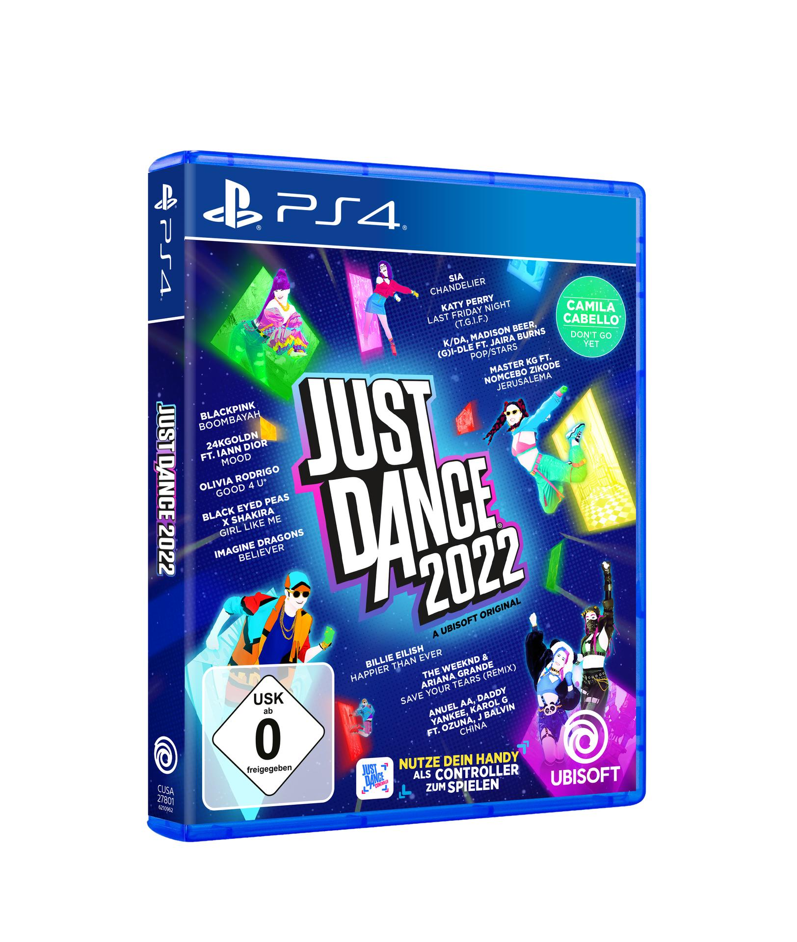 Just Dance 2022 PS4-Spielhülle. Das Cover zeigt Tänzer und Spielinformationen, mit blauem Hintergrund.