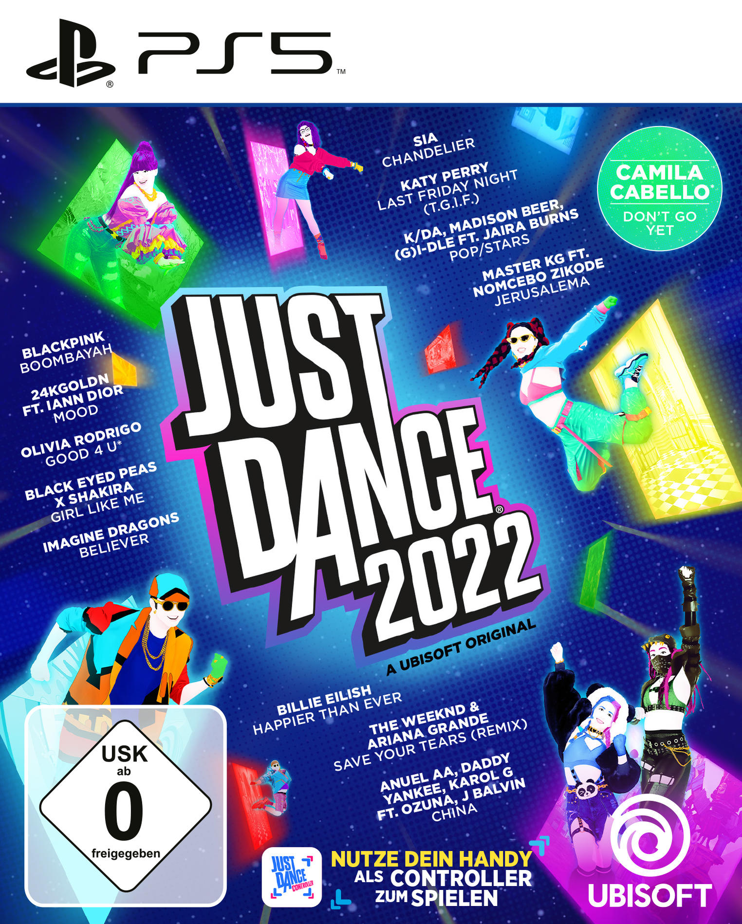 Just Dance 2022 Spielcover mit verschiedenen Charakteren, die auf buntem Hintergrund tanzen.