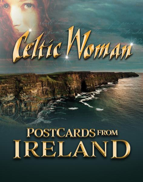 Celtic Woman Albumcover 'Postcards From Ireland'. Cliffs of Moher, blauer Himmel, Frauengesicht.