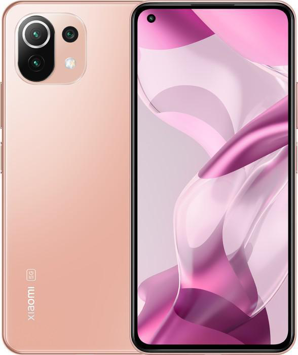 Rosa Xiaomi 5G Smartphone, Rück- und Vorderansicht.