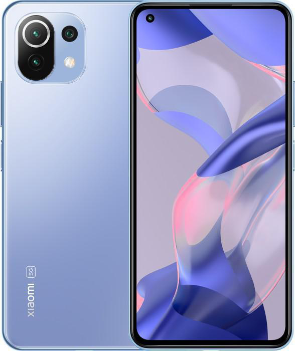 Blaues Xiaomi-Telefon mit Dreifach-Kamera. Telefon vor weißem Hintergrund, unscharfes Bild.