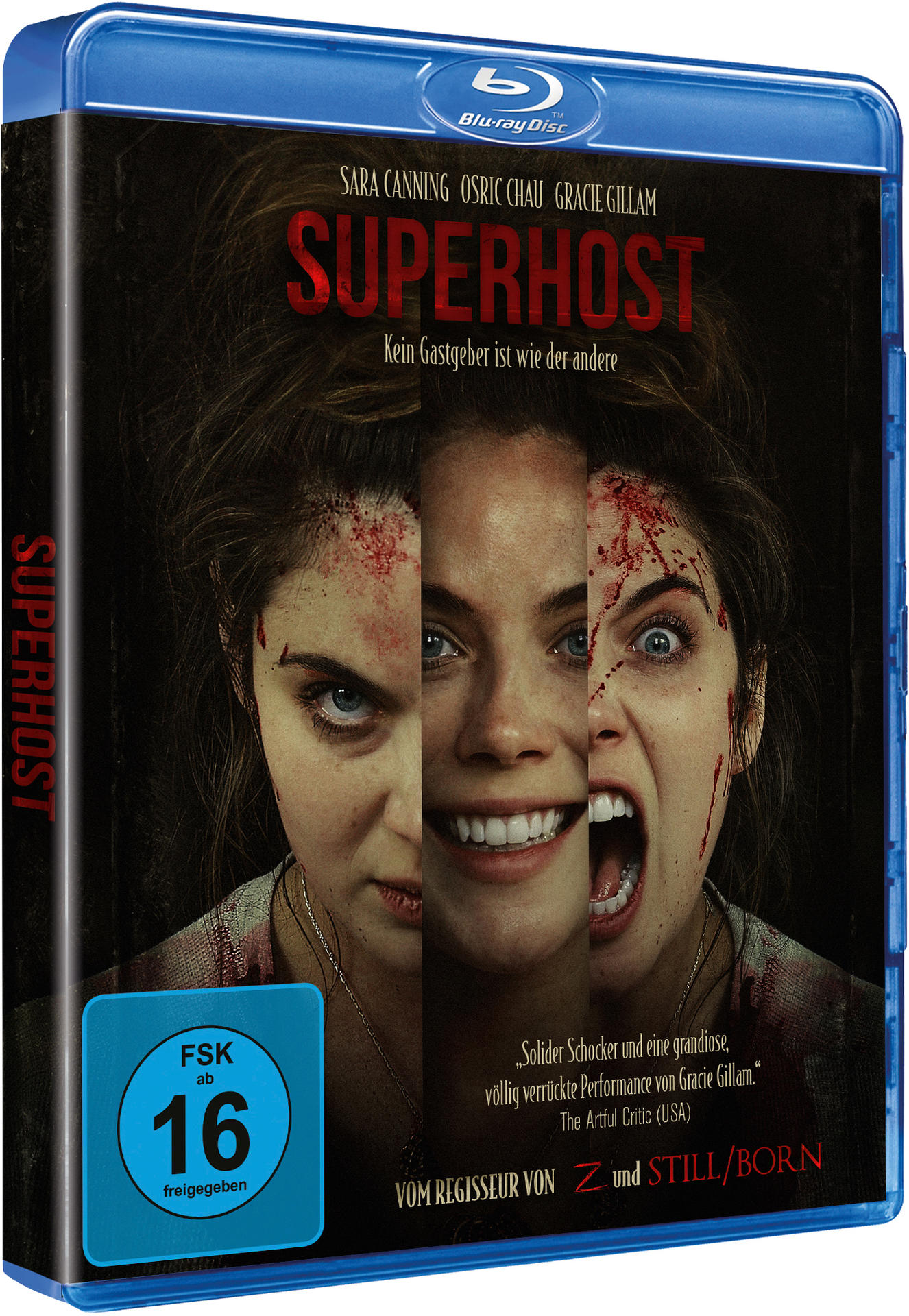Blu-ray-Filmcover mit drei Gesichtern einer Frau, Horrorthema.