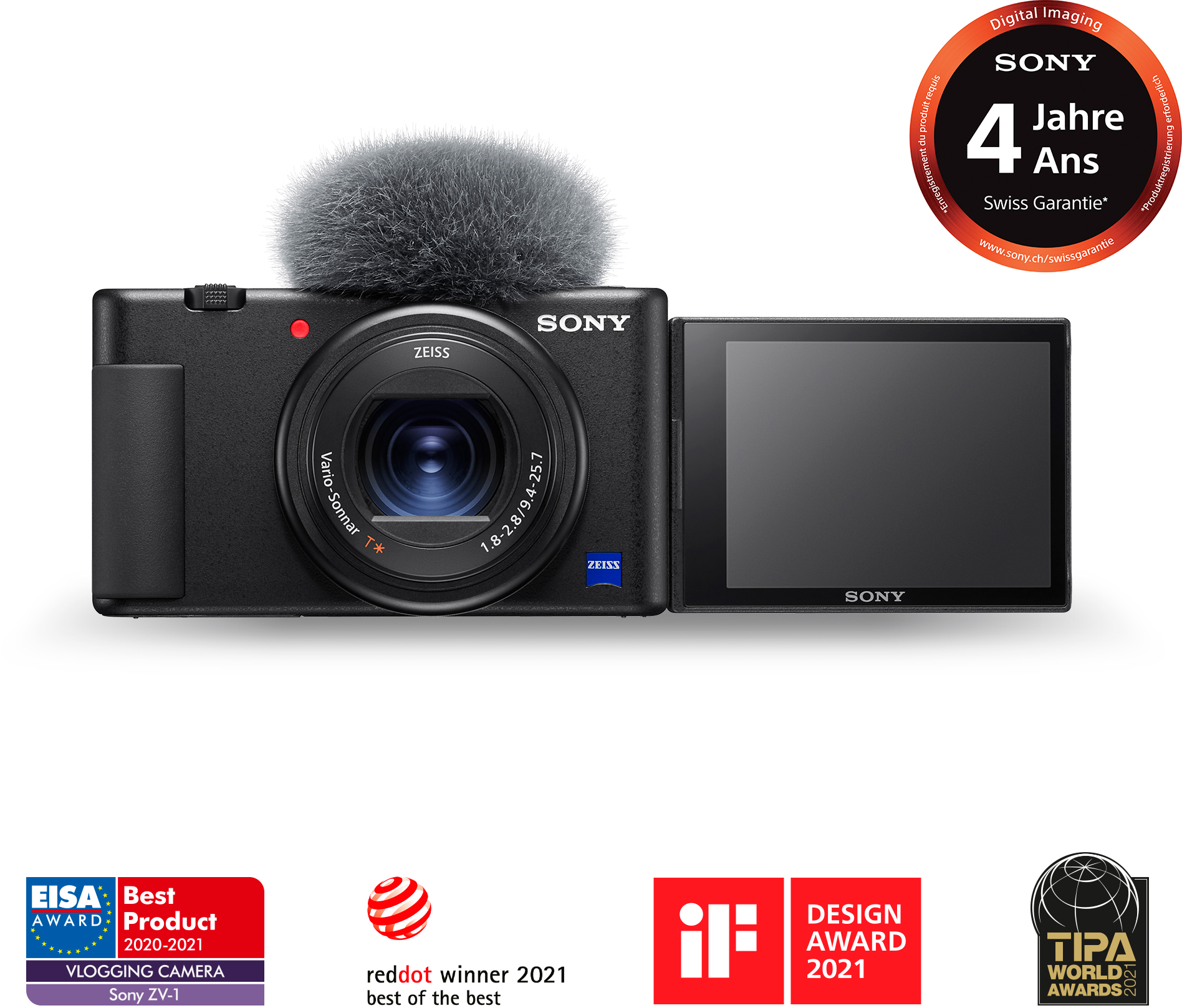 Una fotocamera Sony ZV-1 nera con microfono e schermo orientabile.
