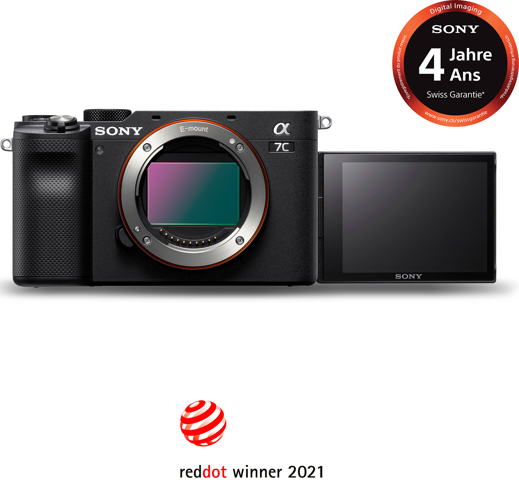 Un appareil photo Sony Alpha 7C noir avec un objectif et un écran déployé. Gagnant Reddot 2021.