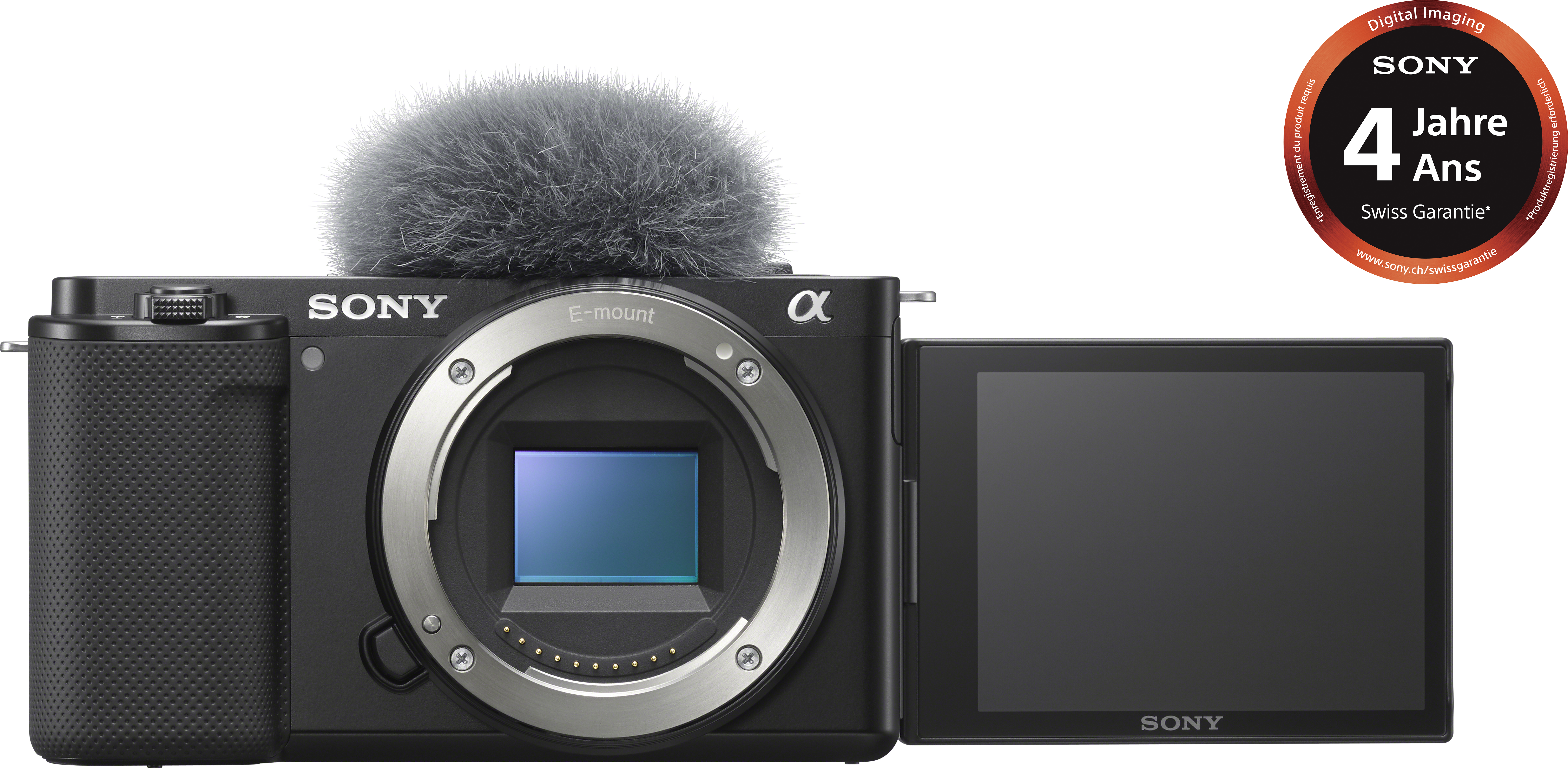 Fotocamera Sony nera con microfono e schermo aperto. Un logo è sul lato destro.