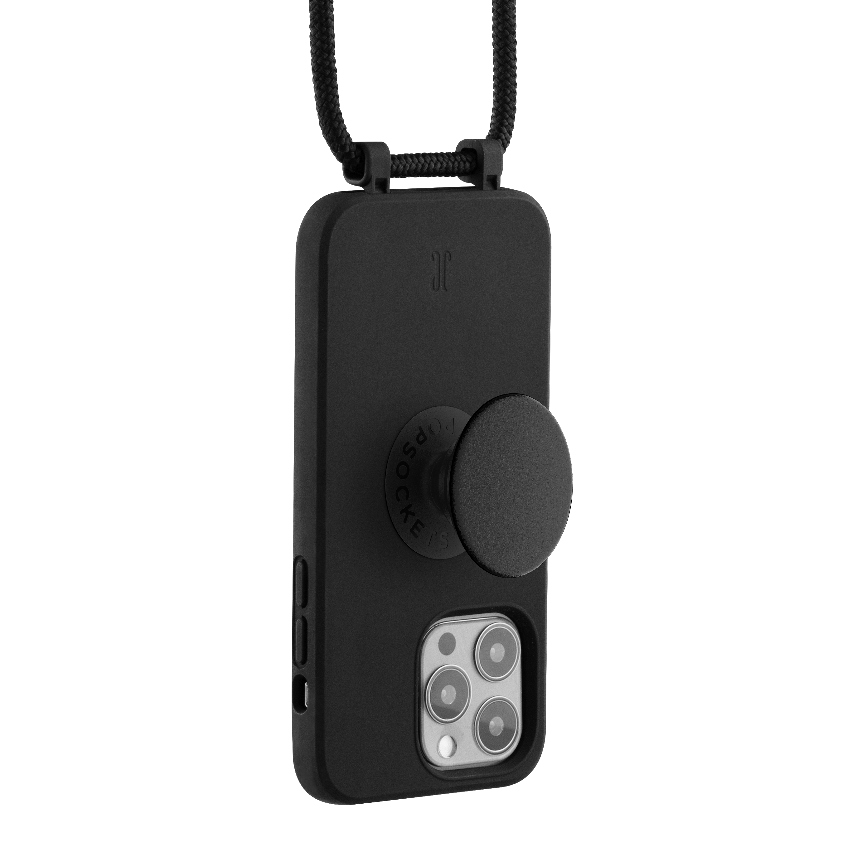 Schwarze Handyhülle mit PopSocket und Lanyard.