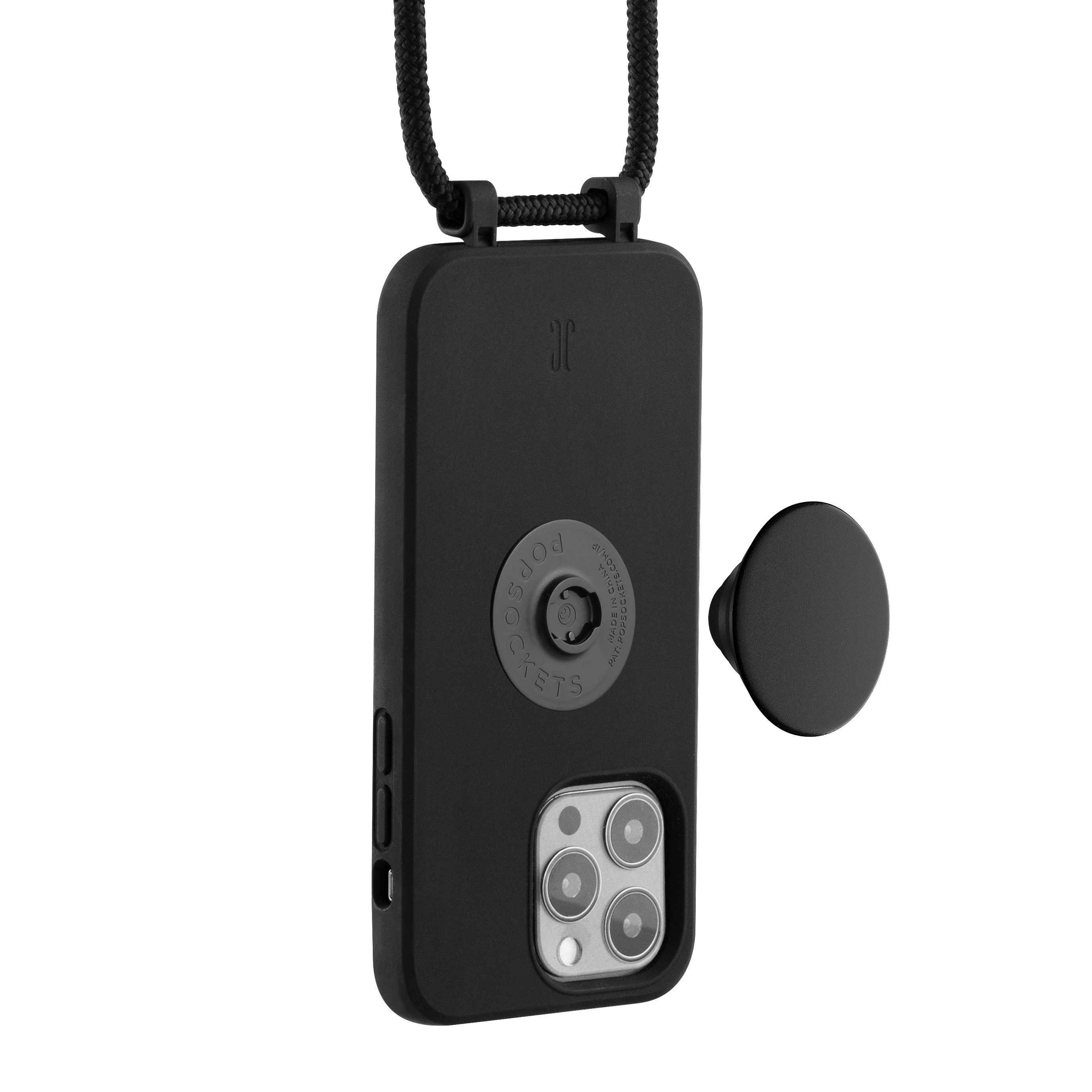 Schwarze Handyhülle mit PopSockets-Aufsatz. Schwarzes Kabel. Ein schwarzer Hintergrund.