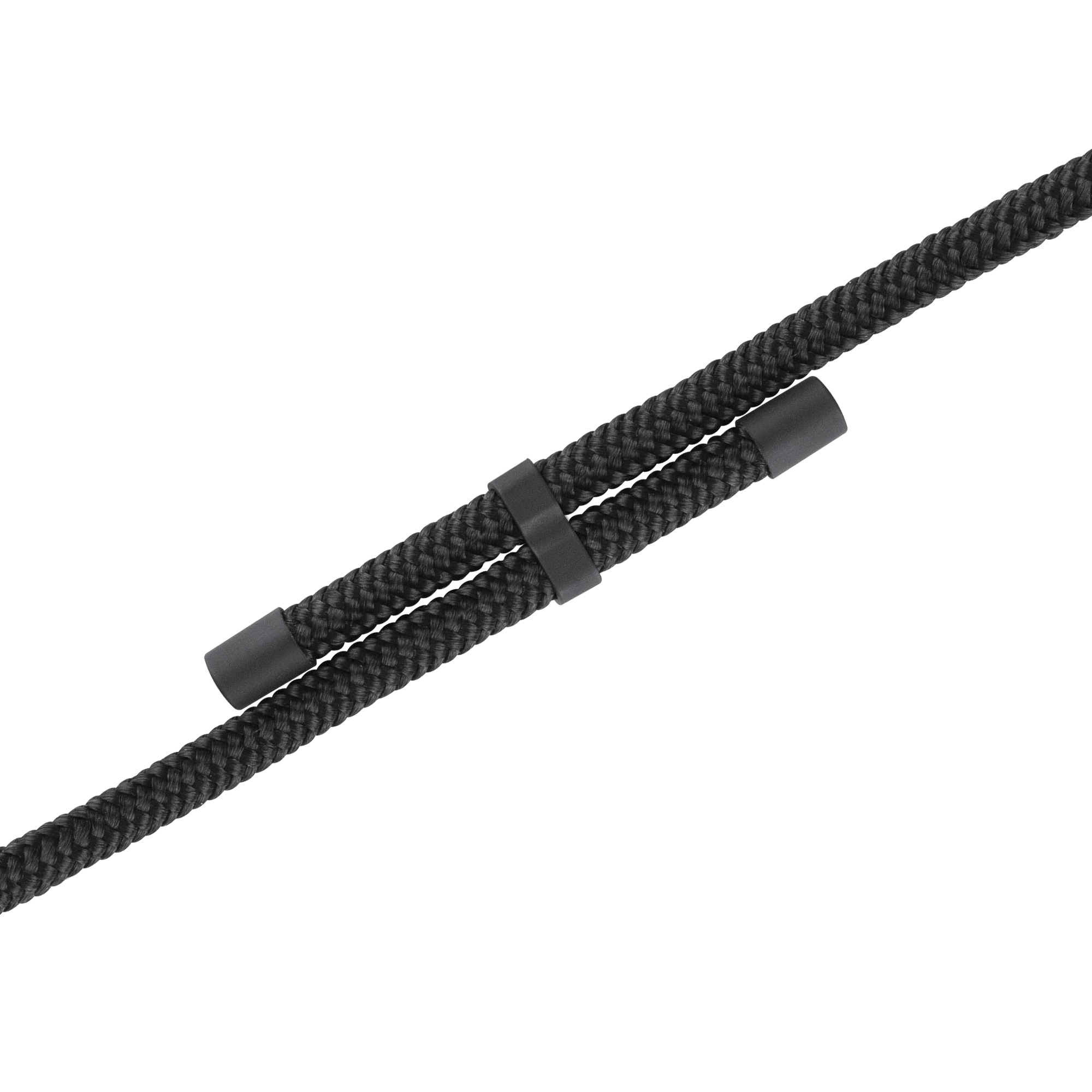 Schwarzes geflochtenes Kabel mit zwei schwarzen zylindrischen Steckern.