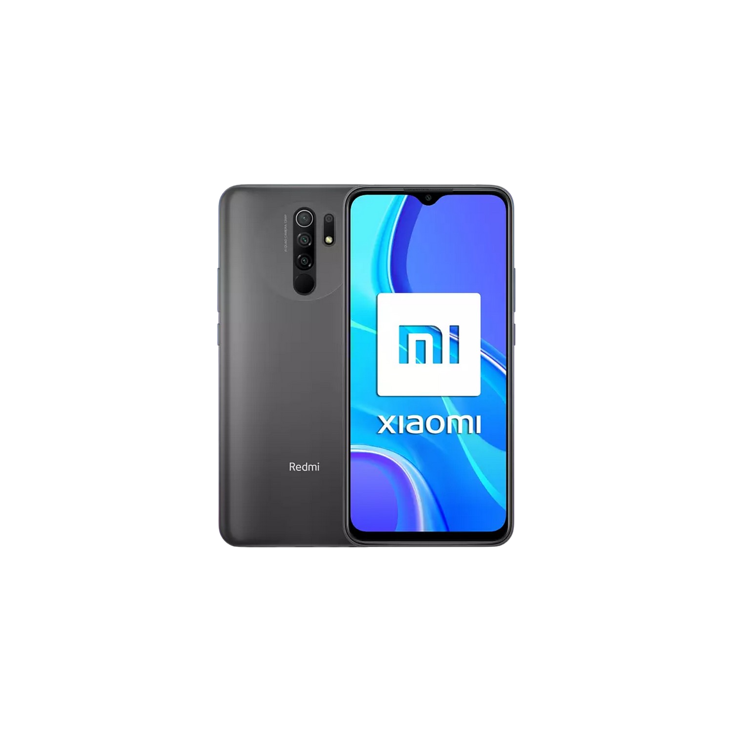 Teléfono Xiaomi gris, pantalla frontal con el logo de Xiaomi, fondo negro.