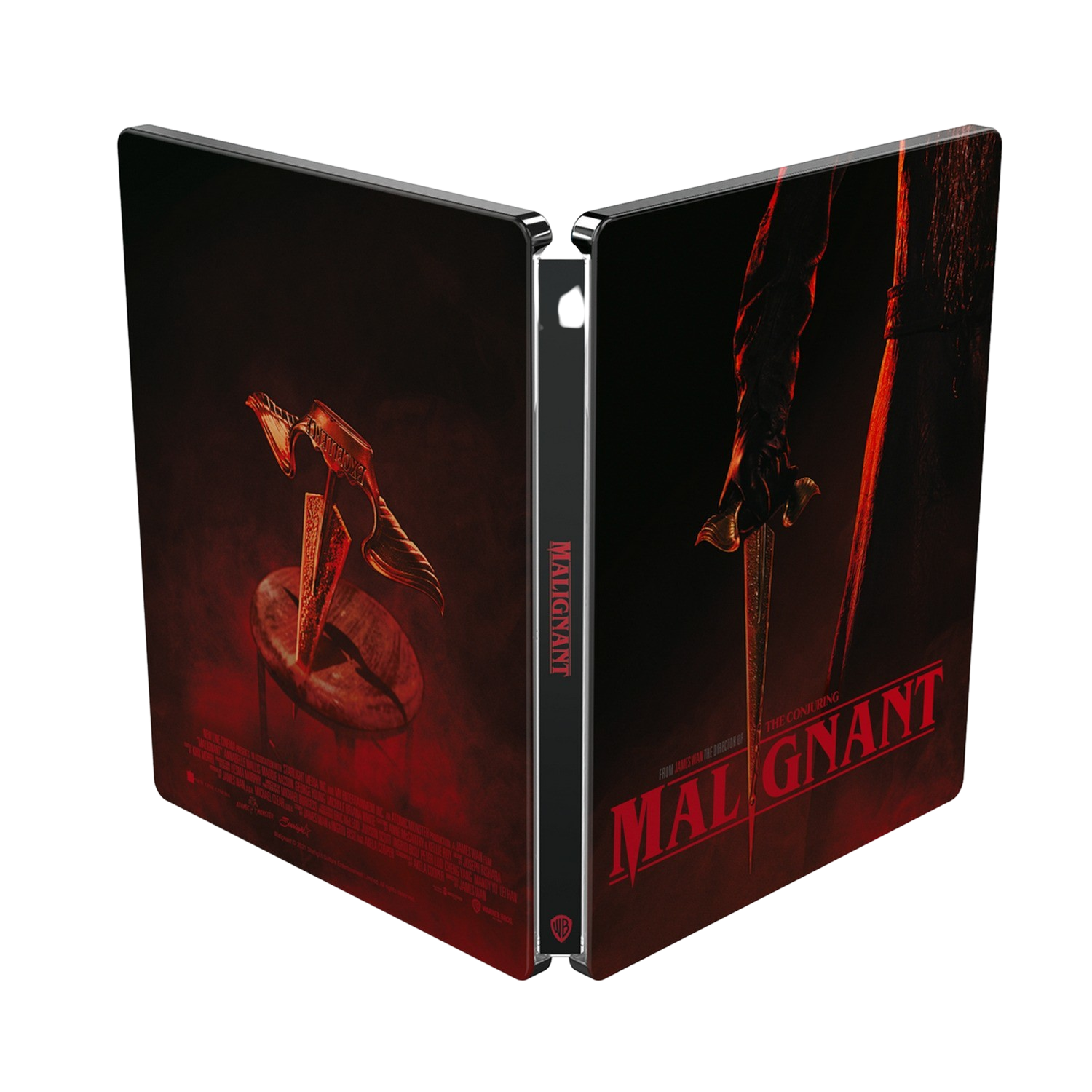 Una caja de steelbook para la película Malignant, abierta para mostrar una daga y el título.