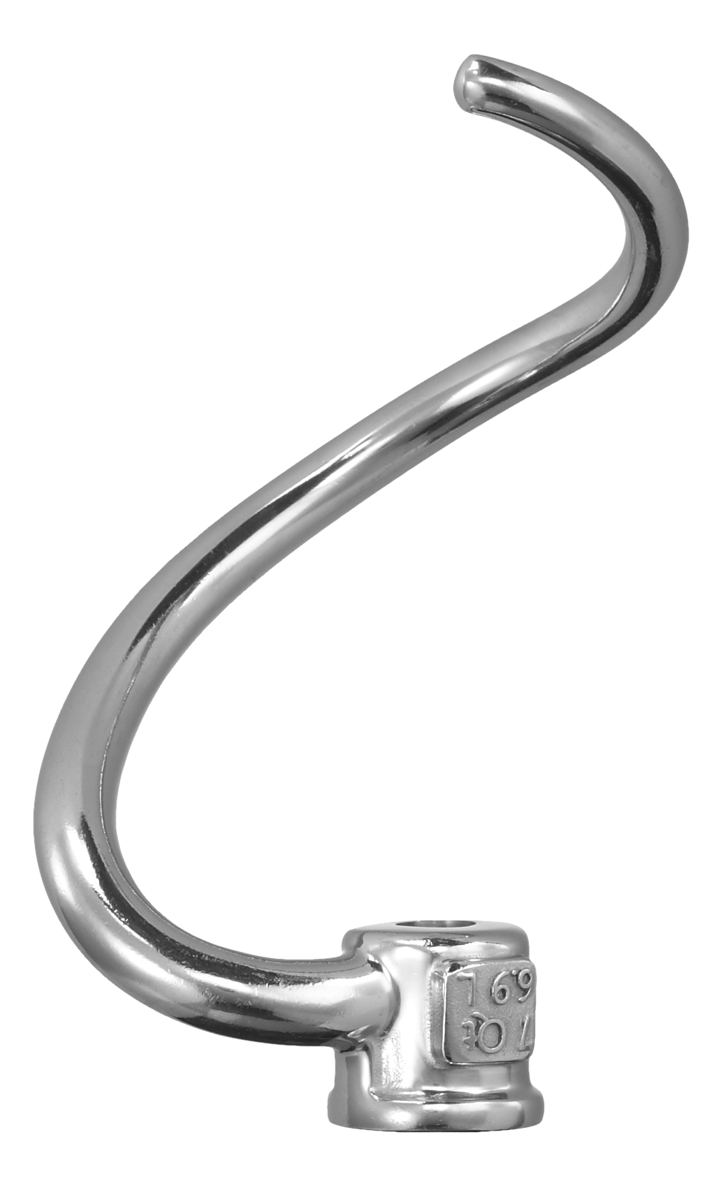 Crochet à pâte argenté et brillant sur fond noir, avec un design incurvé.