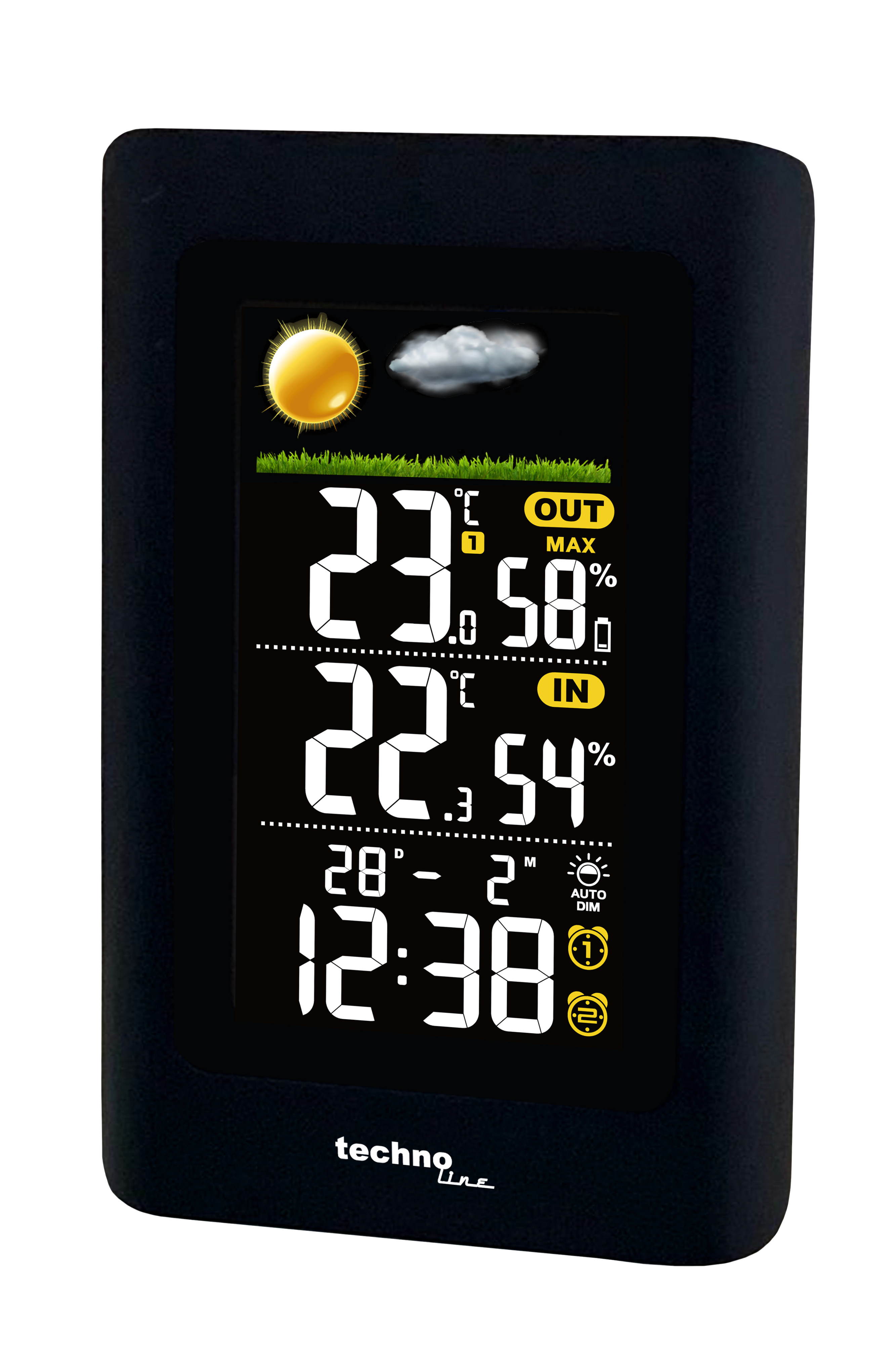 Schwarze Wetterstation mit Temperatur, Luftfeuchtigkeit und Uhrzeit.