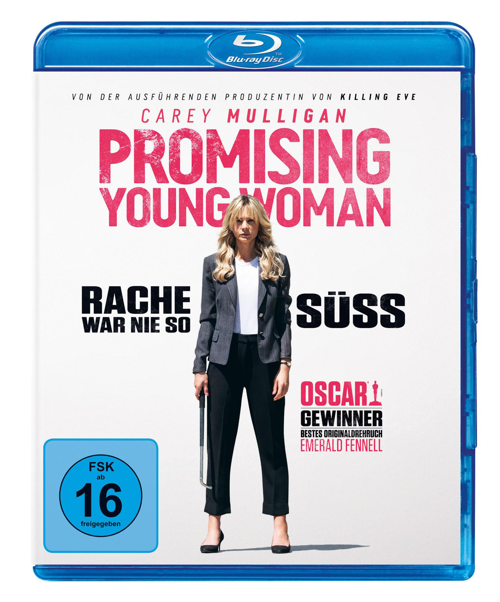 Blu-ray Cover für 'Promising Young Woman' mit einer Frau, die davor steht.