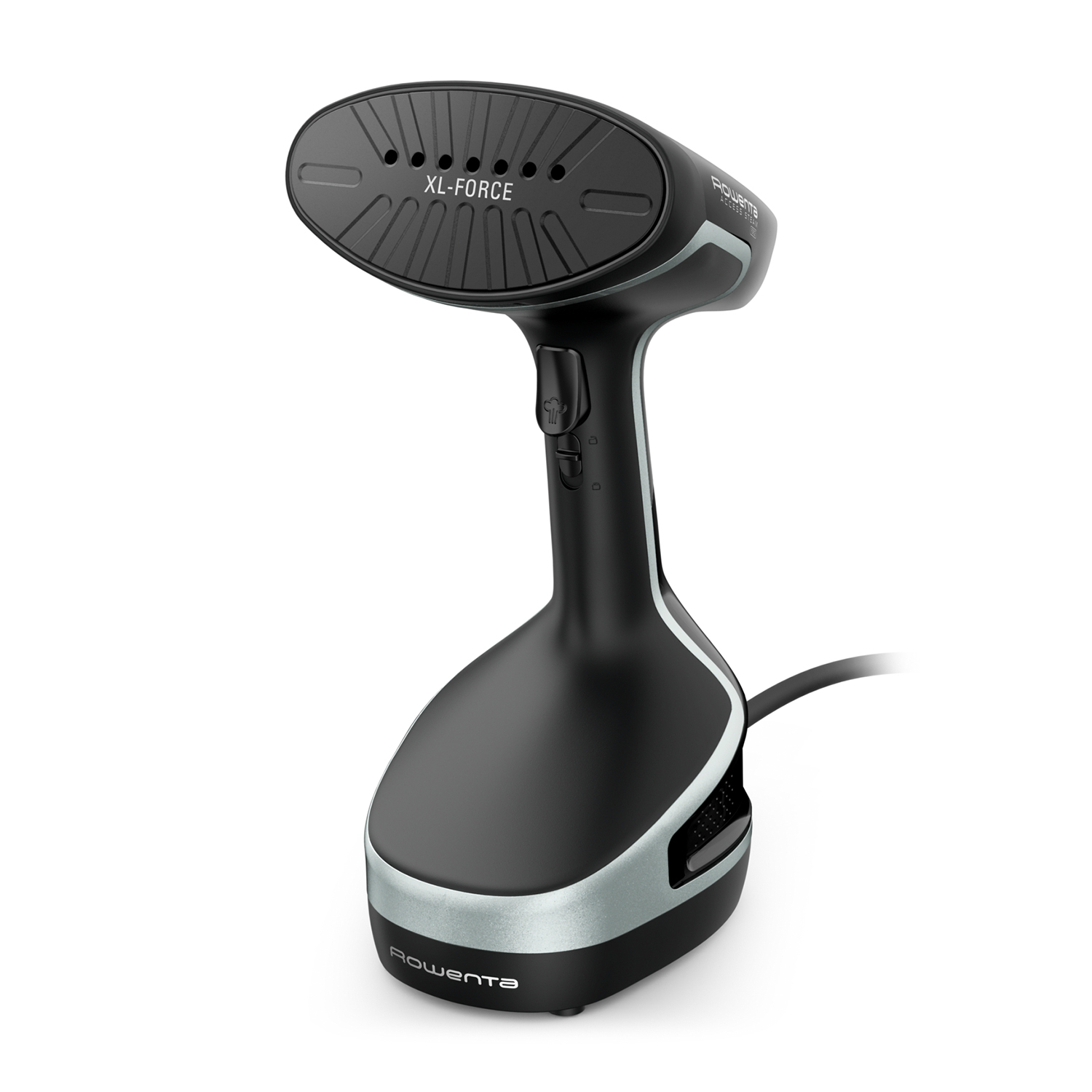 Vaporiera a mano nera e argento con testina curva.