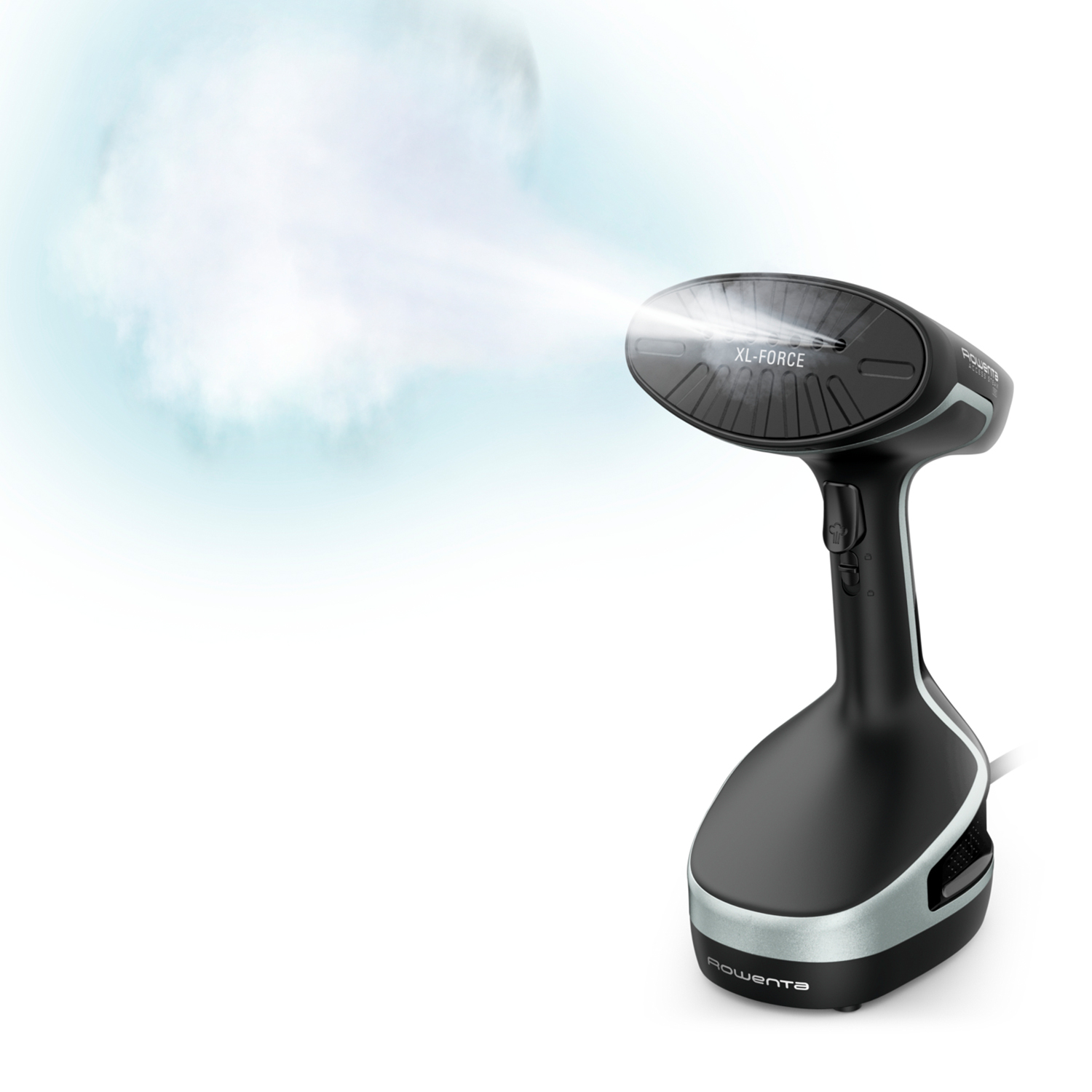 Vaporizzatore per abiti nero e argento. Vapore che esce dalla testa.