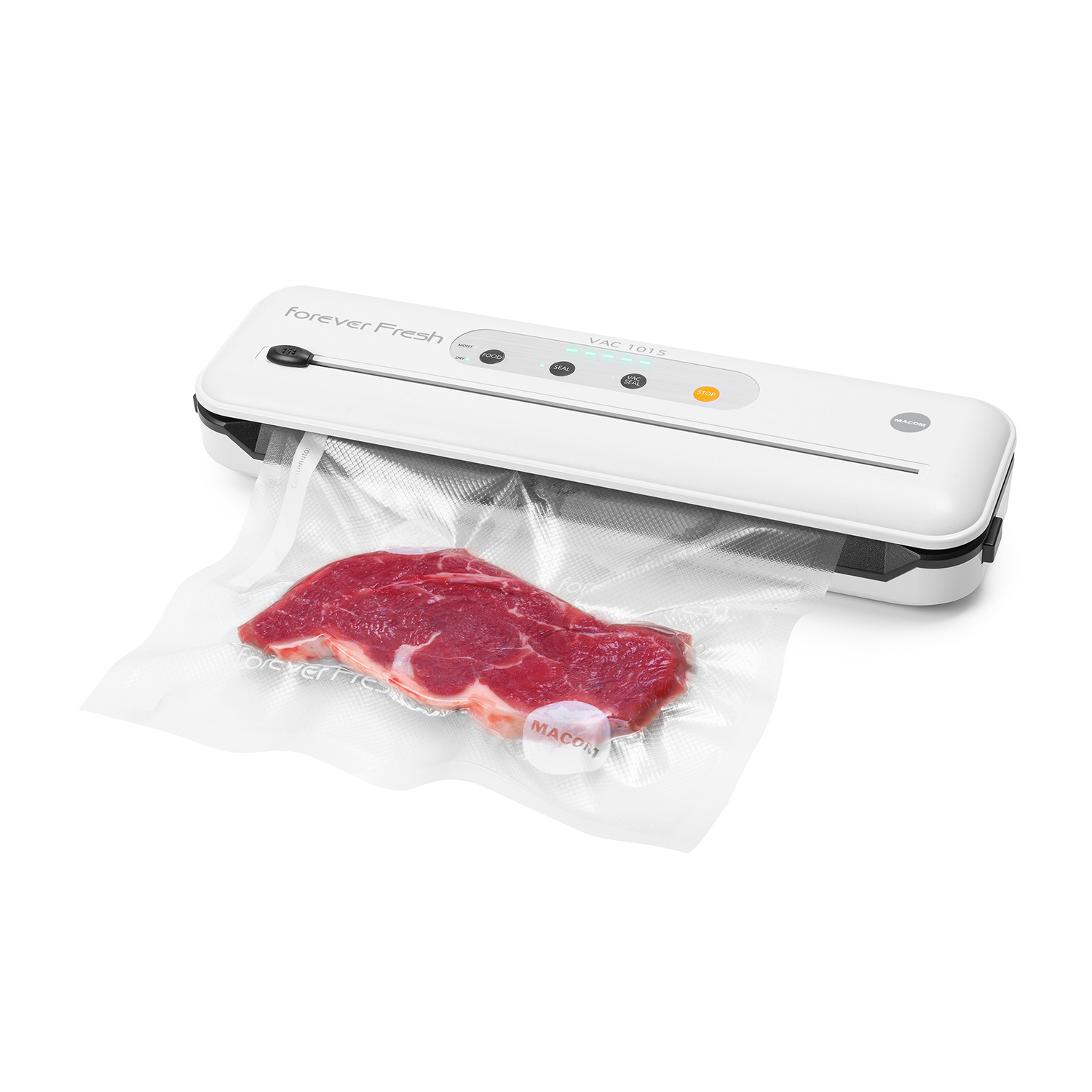 Una sigillatrice sottovuoto Forever Fresh bianca con un pezzo di carne cruda in un sacchetto sottovuoto.