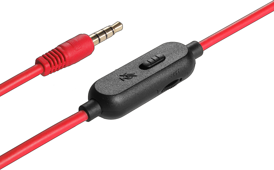 Piros-fekete audiokábel vezérlőmodullal és 3,5 mm-es jack csatlakozóval fekete háttéren.