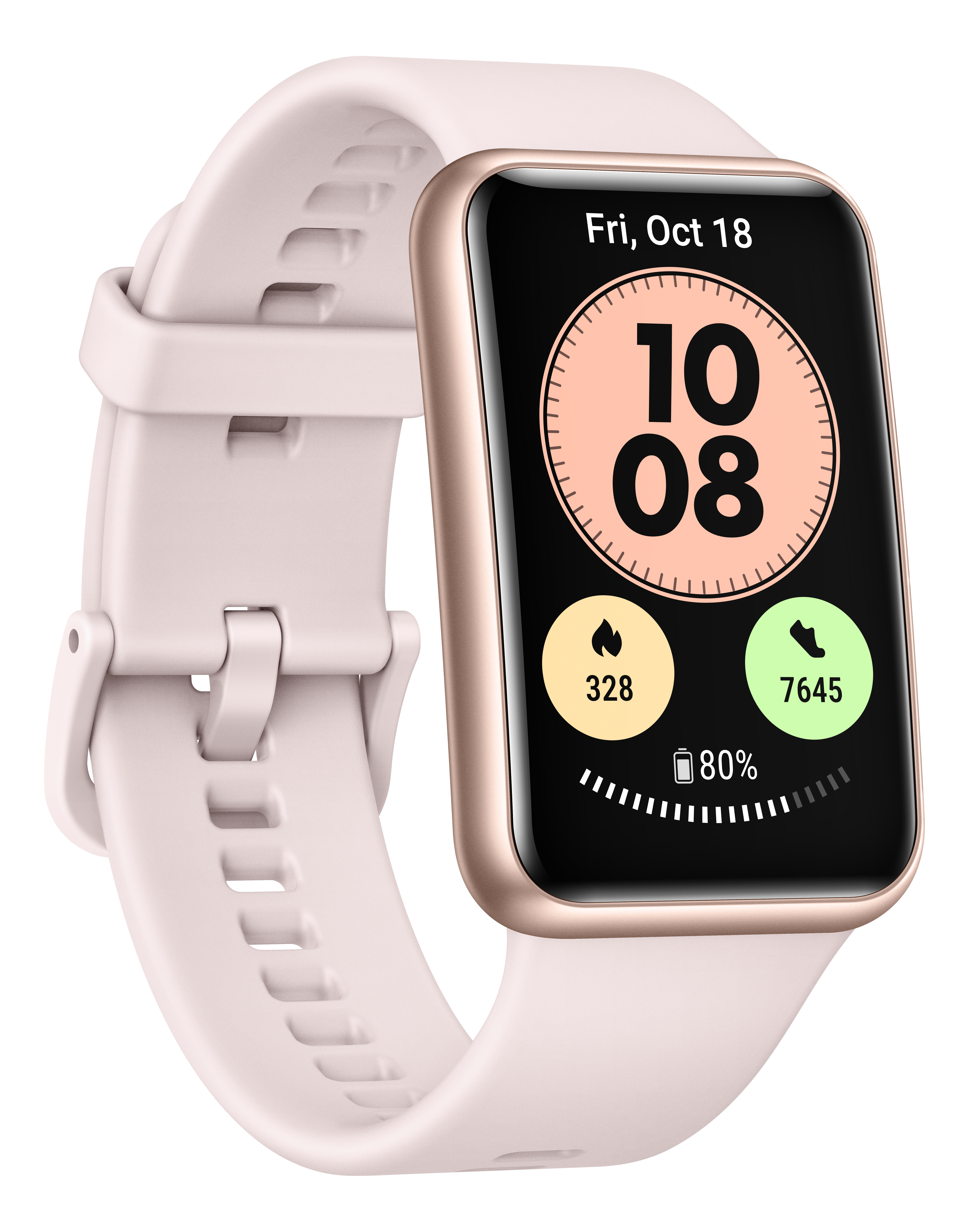 Eine rosa Smartwatch zeigt Zeit, Schritte und Akkuladestand an. Sie hat ein goldenes Gehäuse und ein rosa Armband.