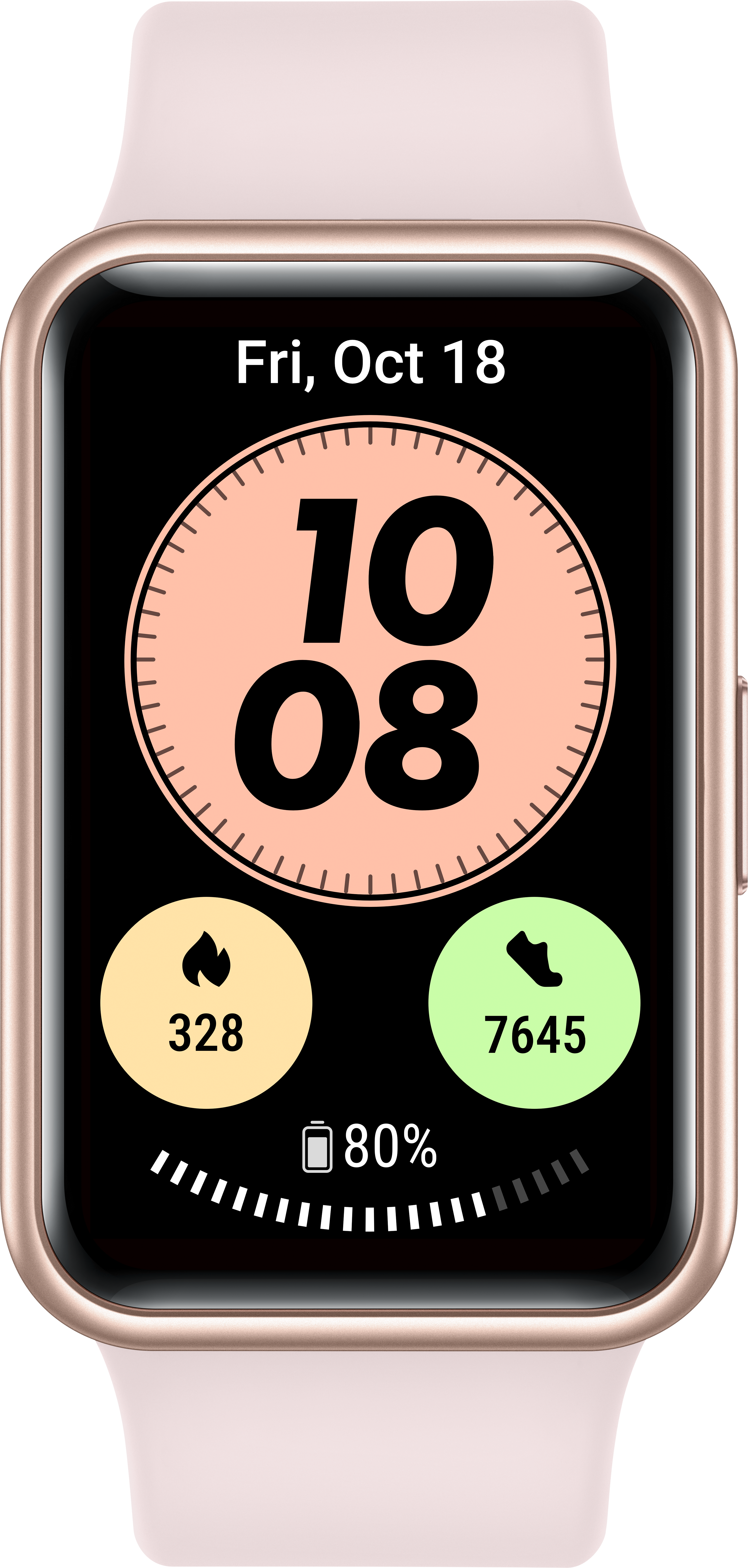 Smartwatch mit Datum, Uhrzeit, Aktivitätsdaten und Akkuladung.
