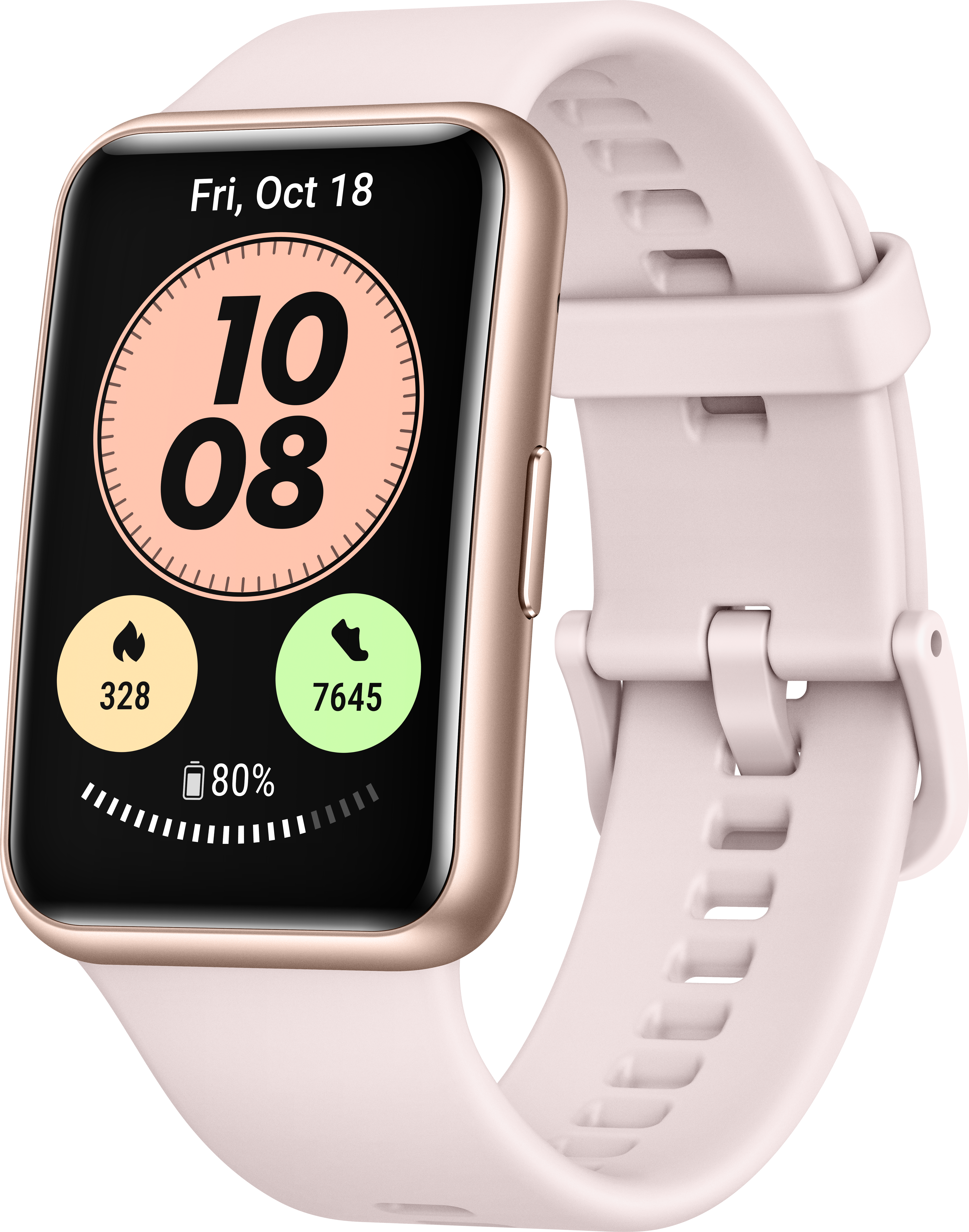 Eine Smartwatch mit rosa Armband zeigt die Uhrzeit 10:08 auf einem schwarzen Bildschirm an. Das Datum ist der 18. Oktober.