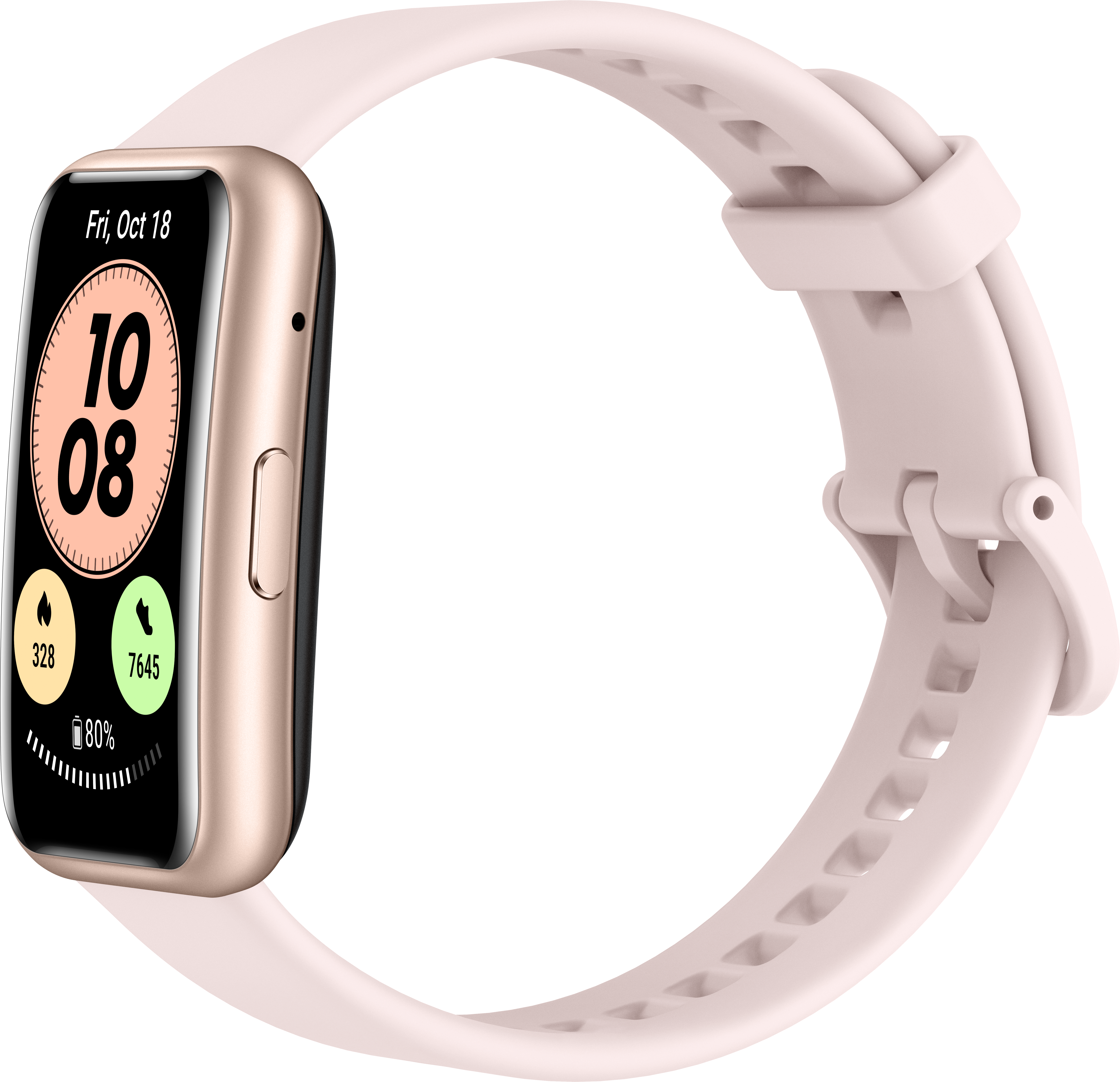 Rosafarbene Smartwatch mit rundem Zifferblatt, zeigt Zeit und Gesundheit.