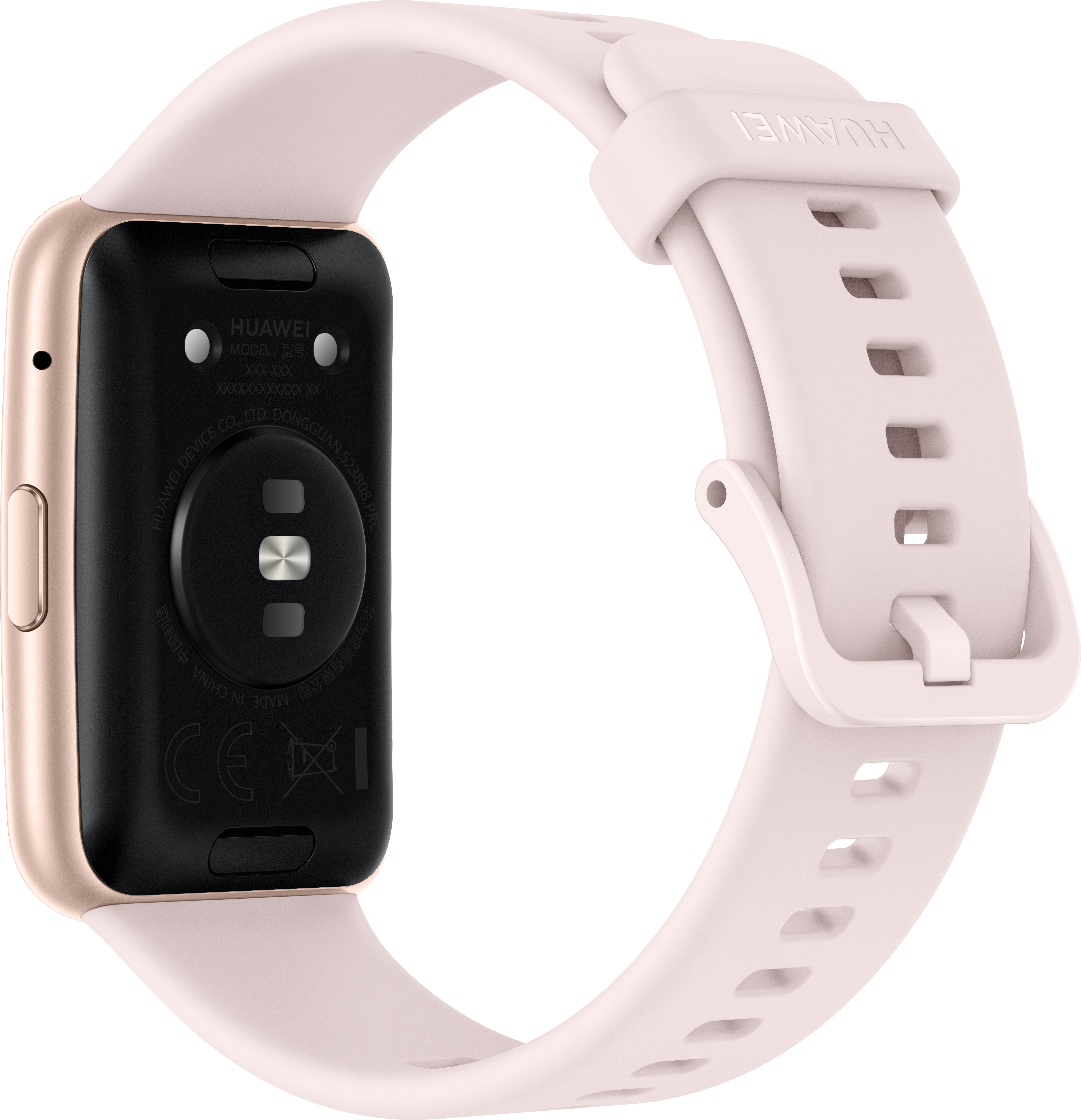 Pinke Smartwatch mit hellrosa Armband, Rückansicht.
