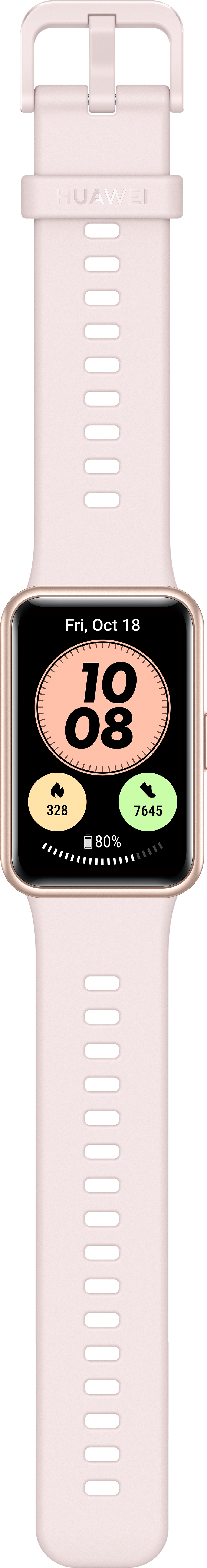Eine rosa Smartwatch mit rechteckigem Bildschirm, der Zeit und Akkuladung anzeigt.