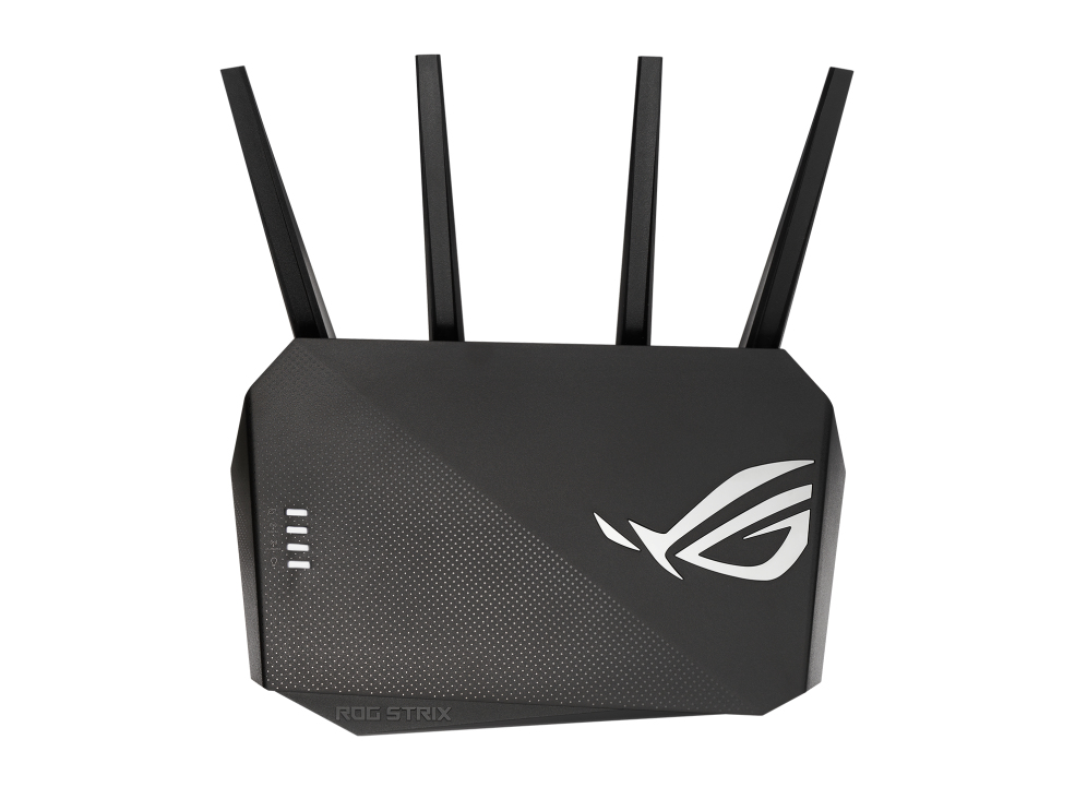 Zwarte router met drie antennes. Voorzien van het ROG STRIX-logo.