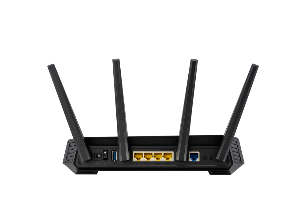 Achteraanzicht van een zwarte router met vier antennes, poorten en een aan/uit-knop.