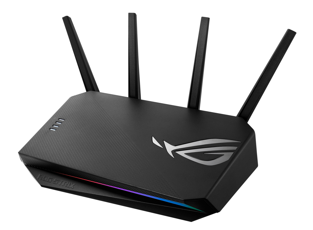 Zwarte ROG Strix router met antennes, toont de bovenkant en poorten.