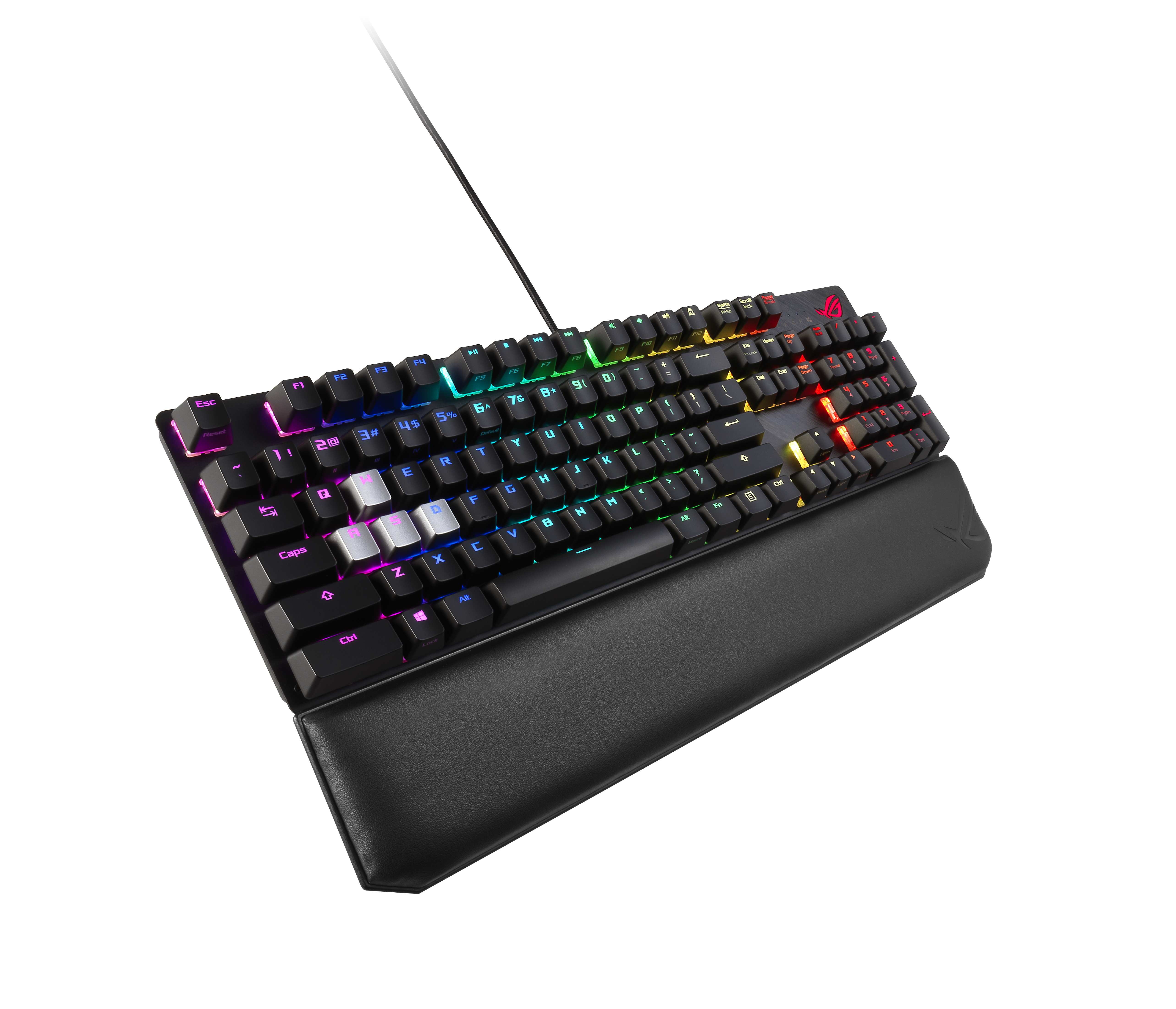 Schwarze Tastatur mit RGB-Beleuchtung und Handgelenkauflage.
