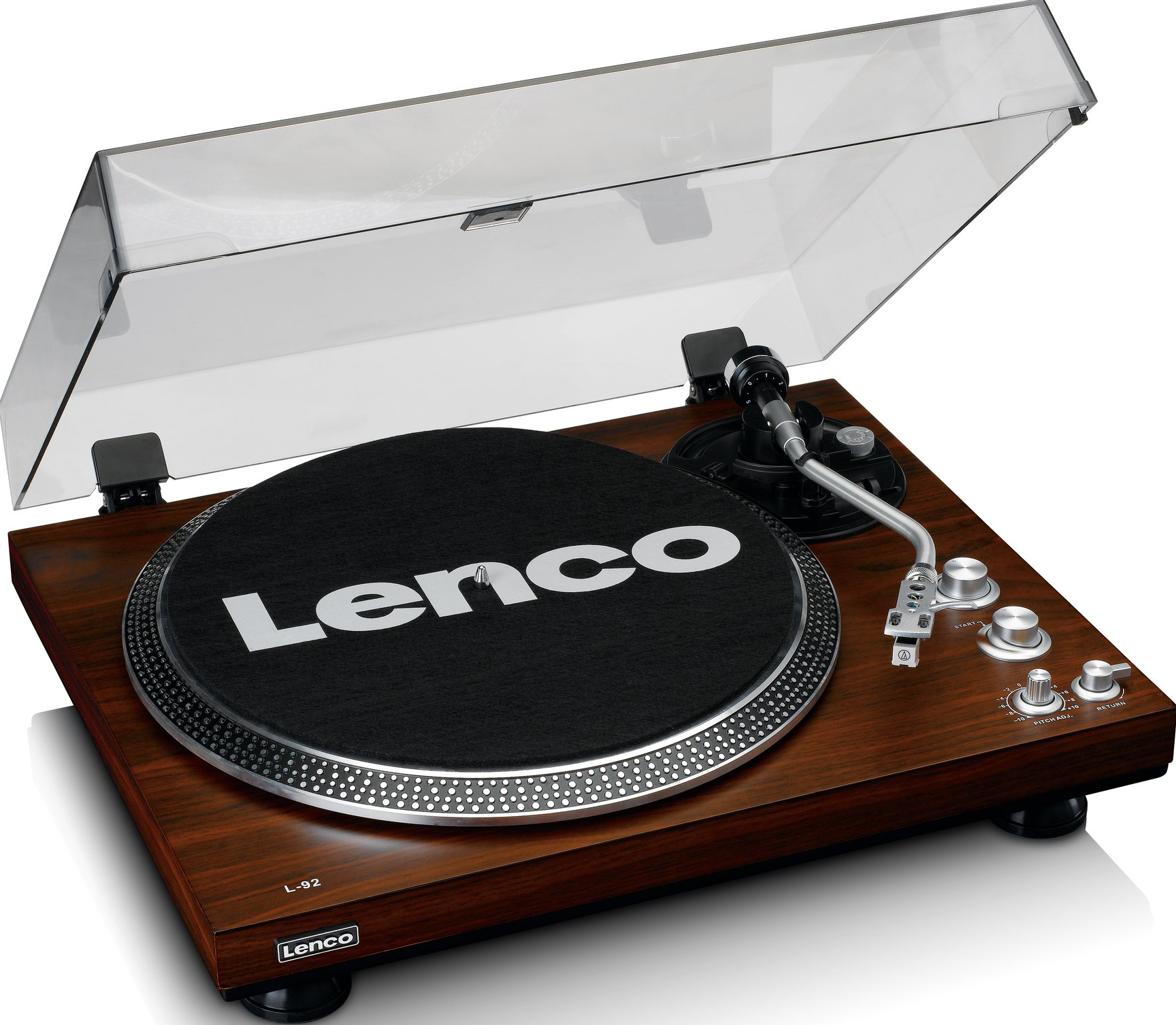 Platine vinyle en bois avec un disque noir. Le couvercle est ouvert, avec plusieurs boutons de contrôle.