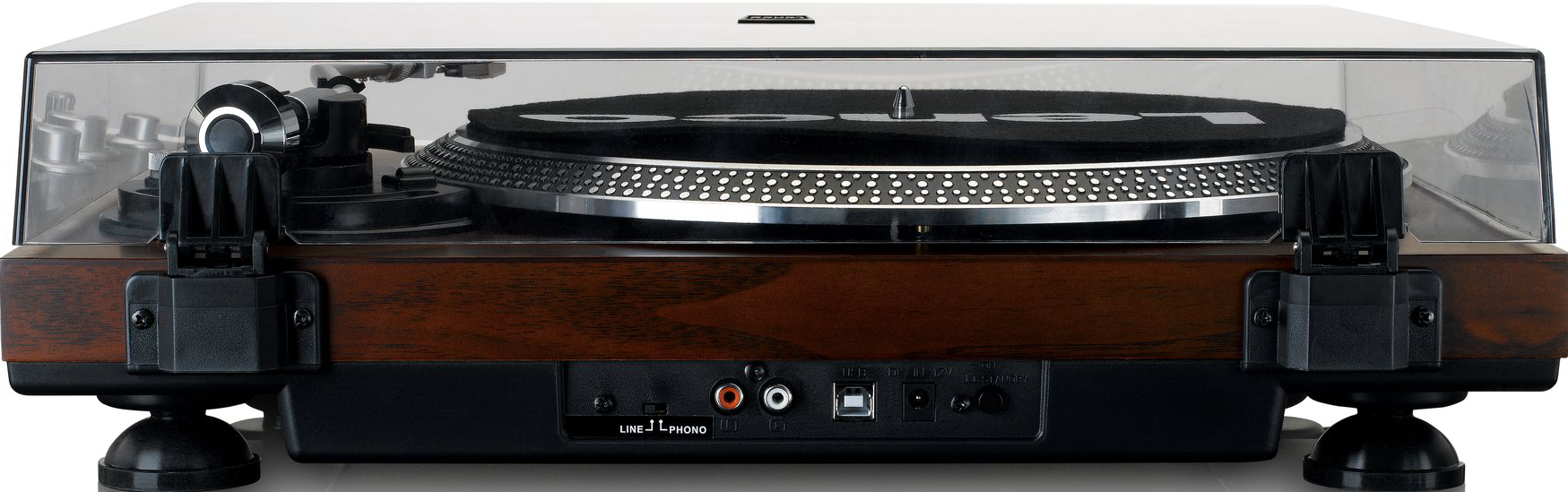 Une platine vinyle avec une base en bois, un couvercle et des ports à l'arrière.