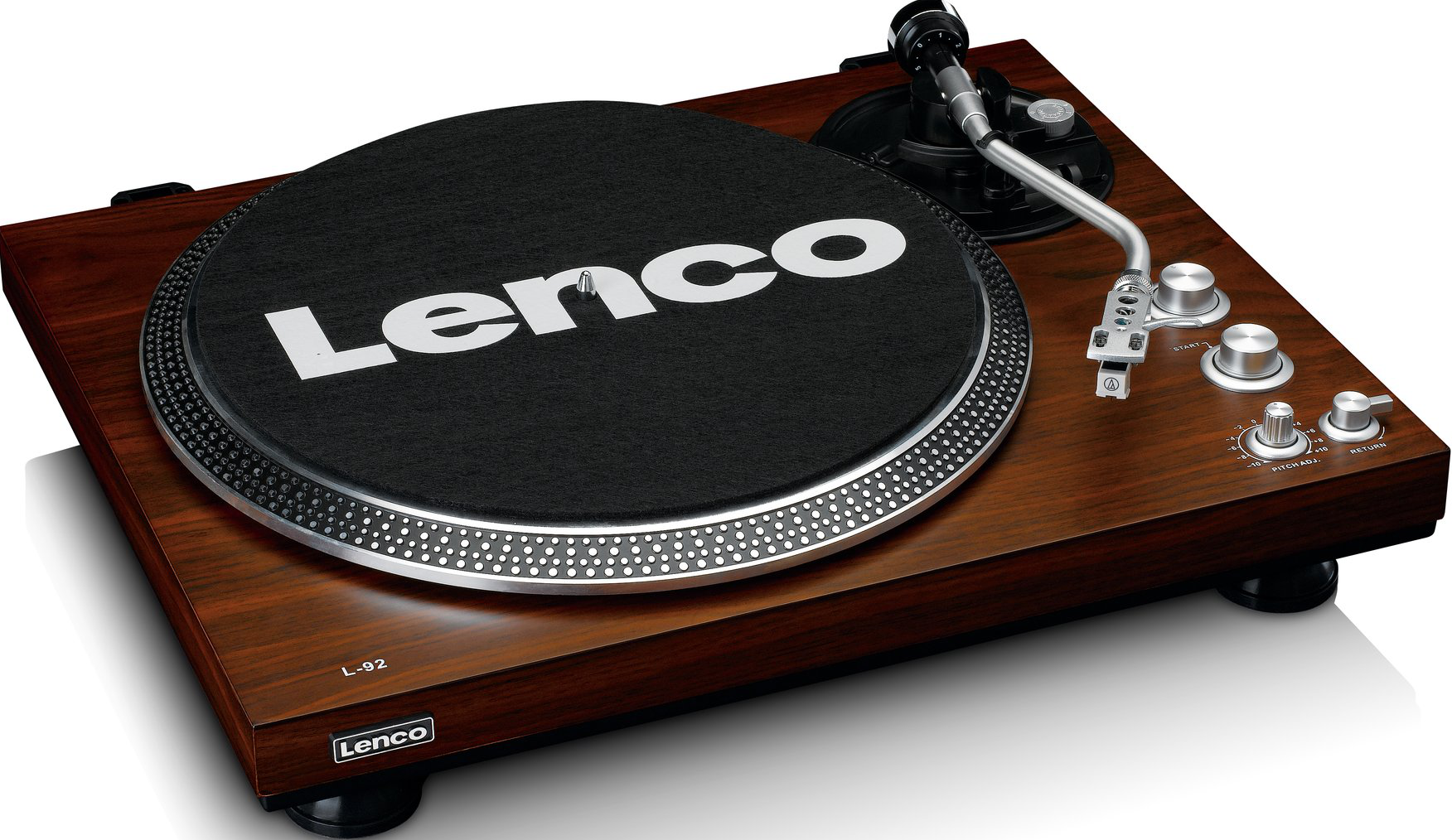 Une platine vinyle en bois avec un disque noir. La marque 'Lenco' est visible.