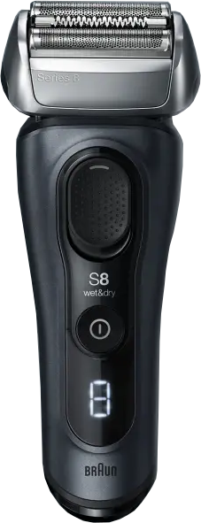 Rasoir électrique Braun Series 8 noir avec affichage numérique et boutons.