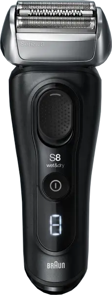 Een Braun Series 8 elektrisch scheerapparaat. Het is zwart met een digitaal display met het nummer 8.