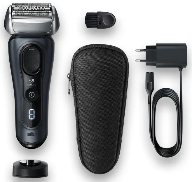 Rasoir électrique Braun Series 8, avec accessoires: brosse, étui de voyage et chargeur.