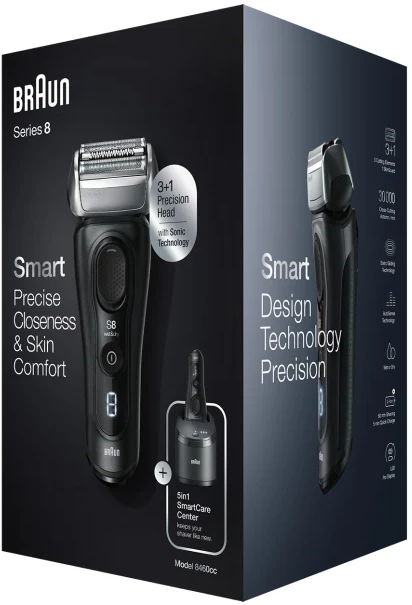 Een Braun Series 8 elektrisch scheerapparaat met oplaadstation in een doos.
