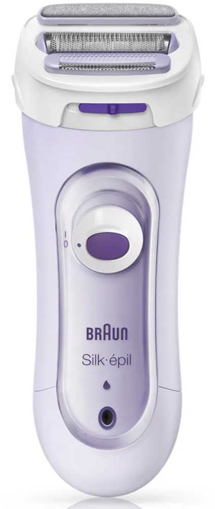 Purple and white electric shaver, with a purple power button, on a white background.