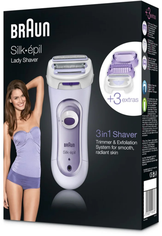 Box with Braun Silk-épil Lady Shaver, woman with swimsuit on the side.