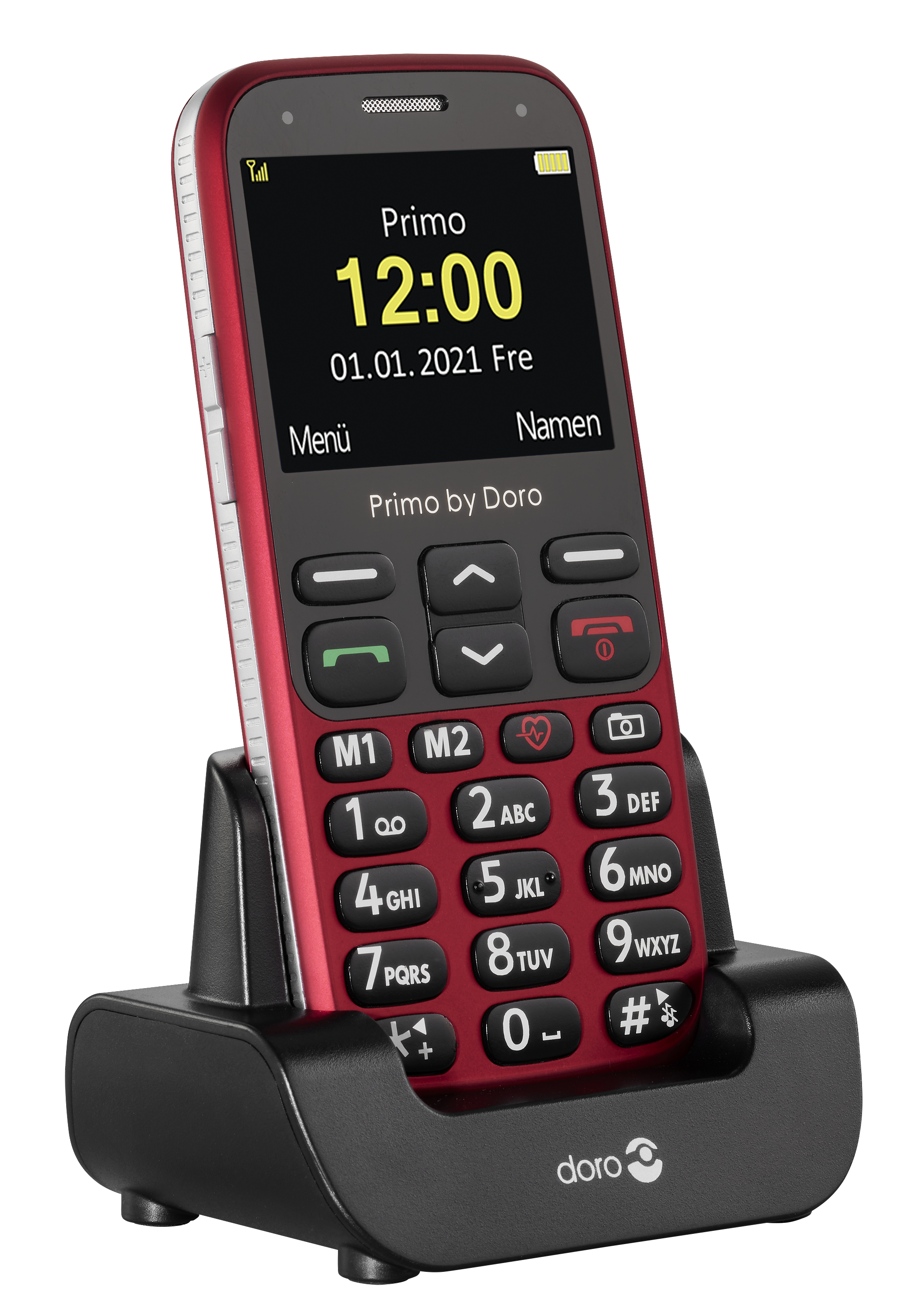 Rotes Mobiltelefon in einer Ladestation. Zeigt Uhrzeit, Datum und große Tasten.