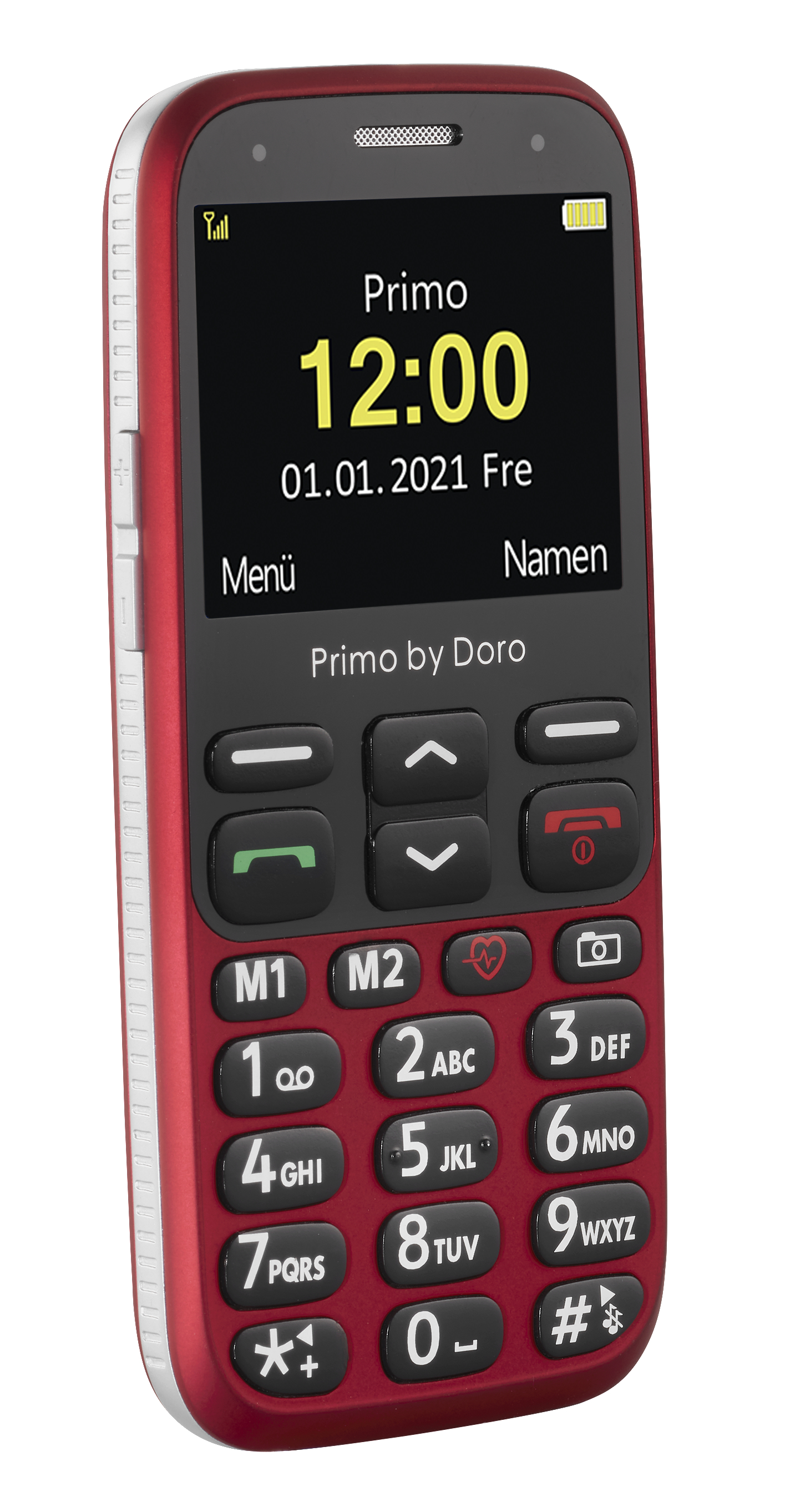 Rotes Doro Primo-Telefon zeigt 12:00, Datum und "Primo" an. Es hat eine Tastatur mit großen Tasten.