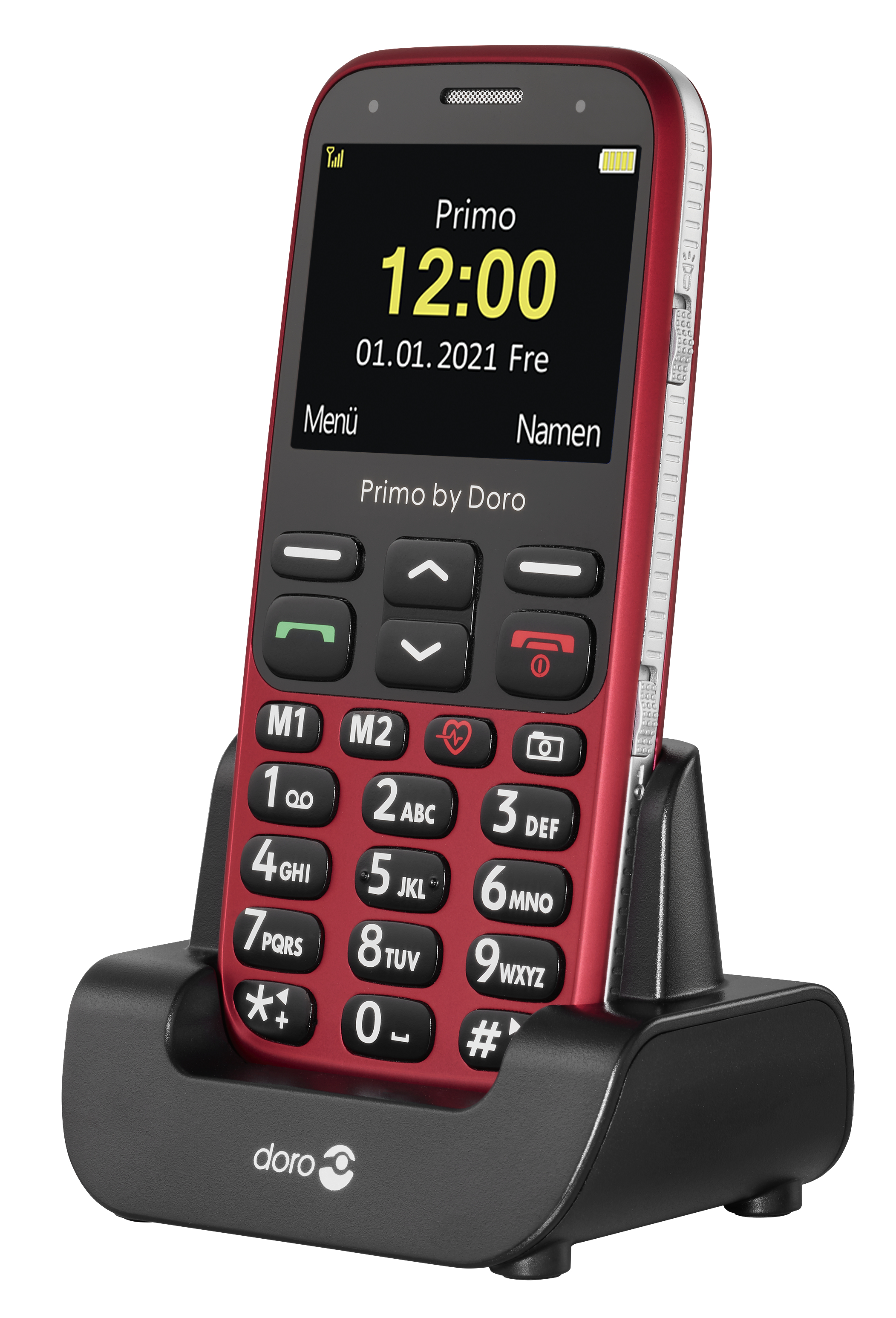 Rotes Doro Primo Telefon mit Ladestation, zeigt Uhrzeit und Datum auf dem Bildschirm.