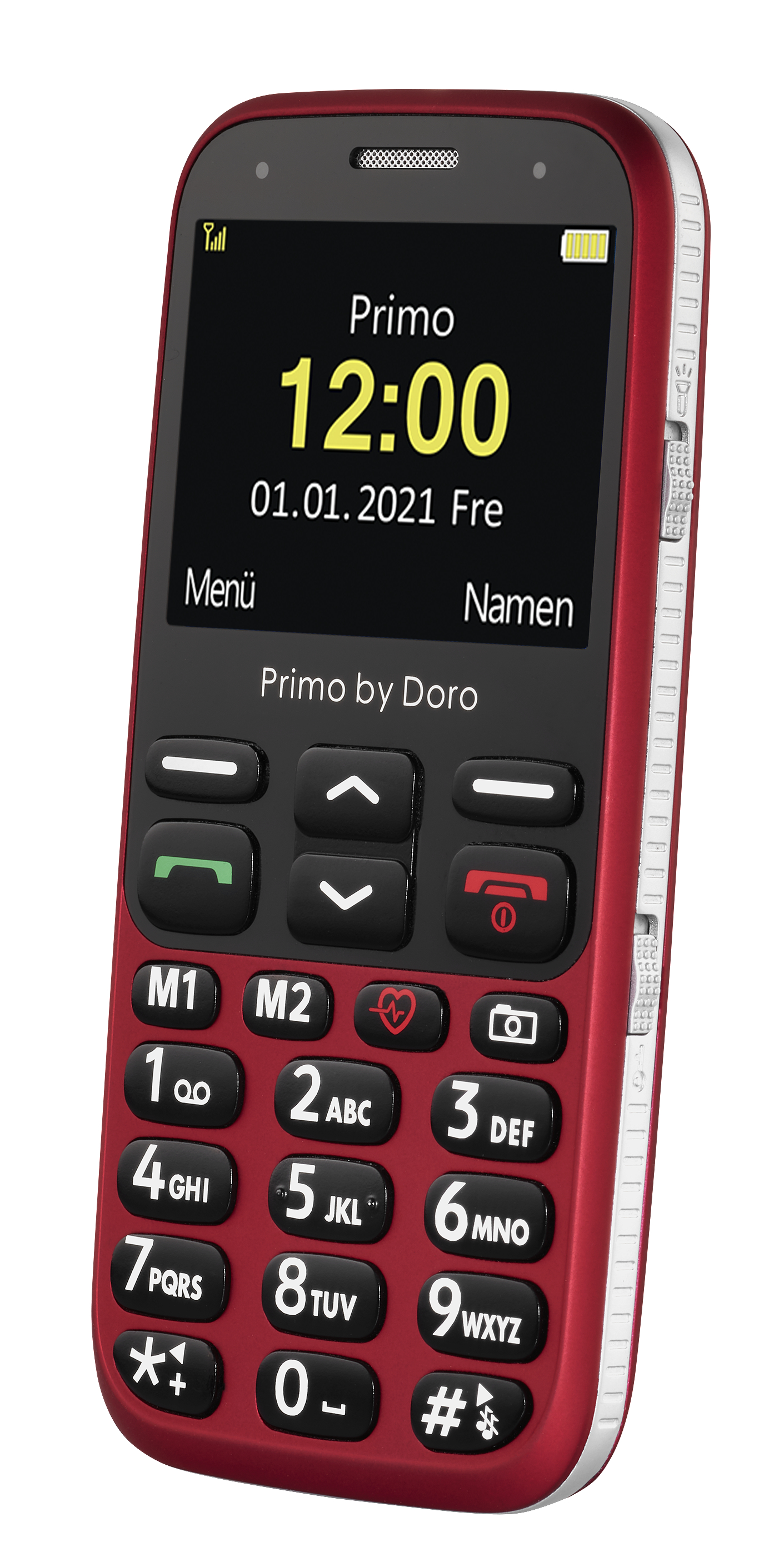 Rotes Smartphone mit Uhrzeit und Datum auf dem Bildschirm.